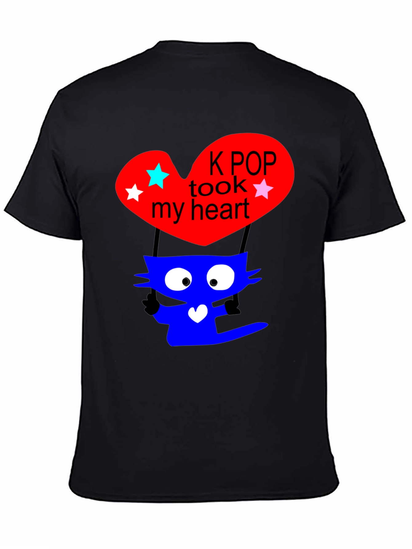 K-Pop Cat Heart Graphic Tee - Trendy Black T-Shirt