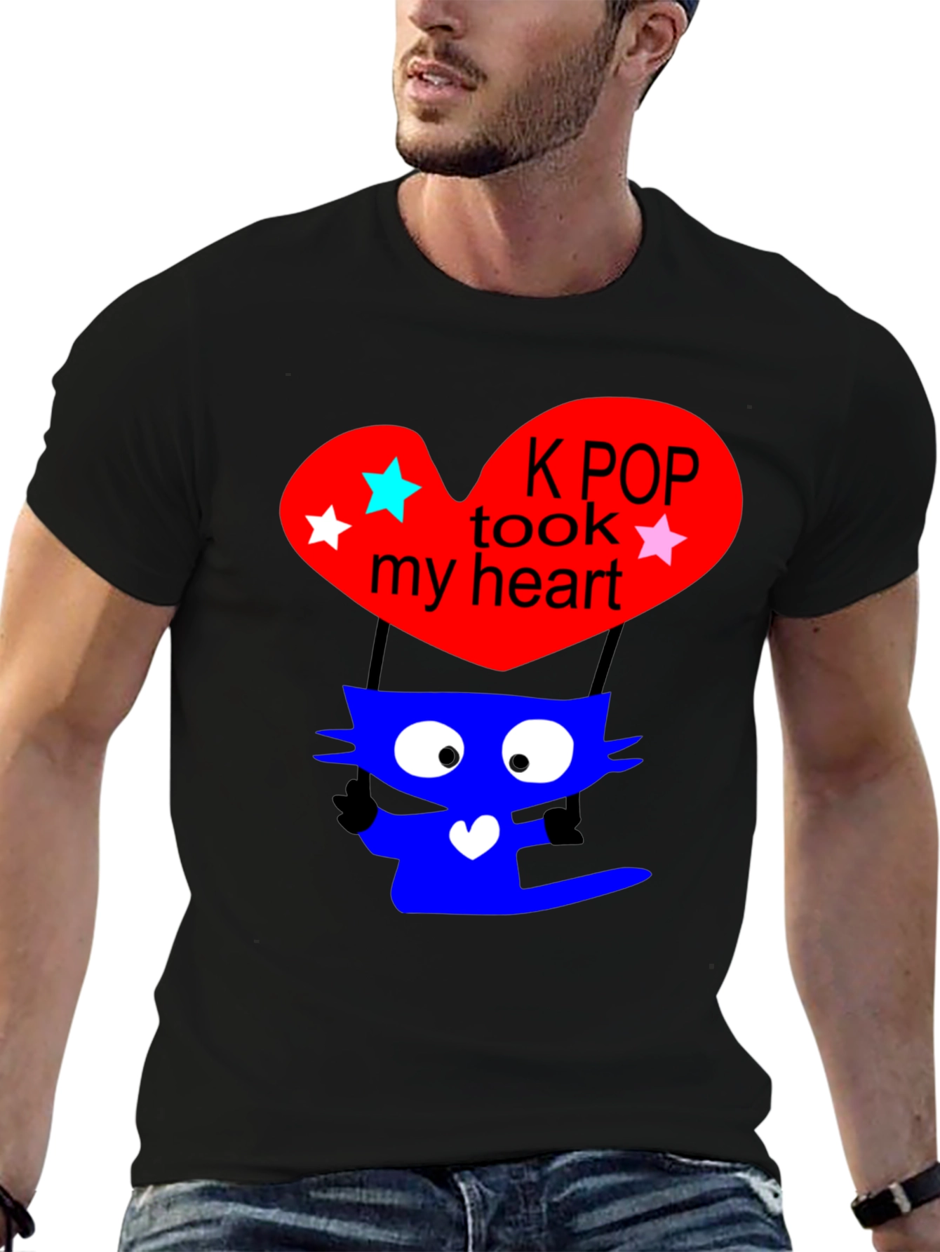 K-Pop Cat Heart Graphic Tee - Trendy Black T-Shirt