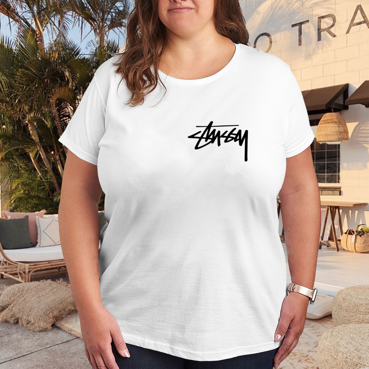Plus Size Women Minimal Stussy Signature Logo Streetwear Women Tee