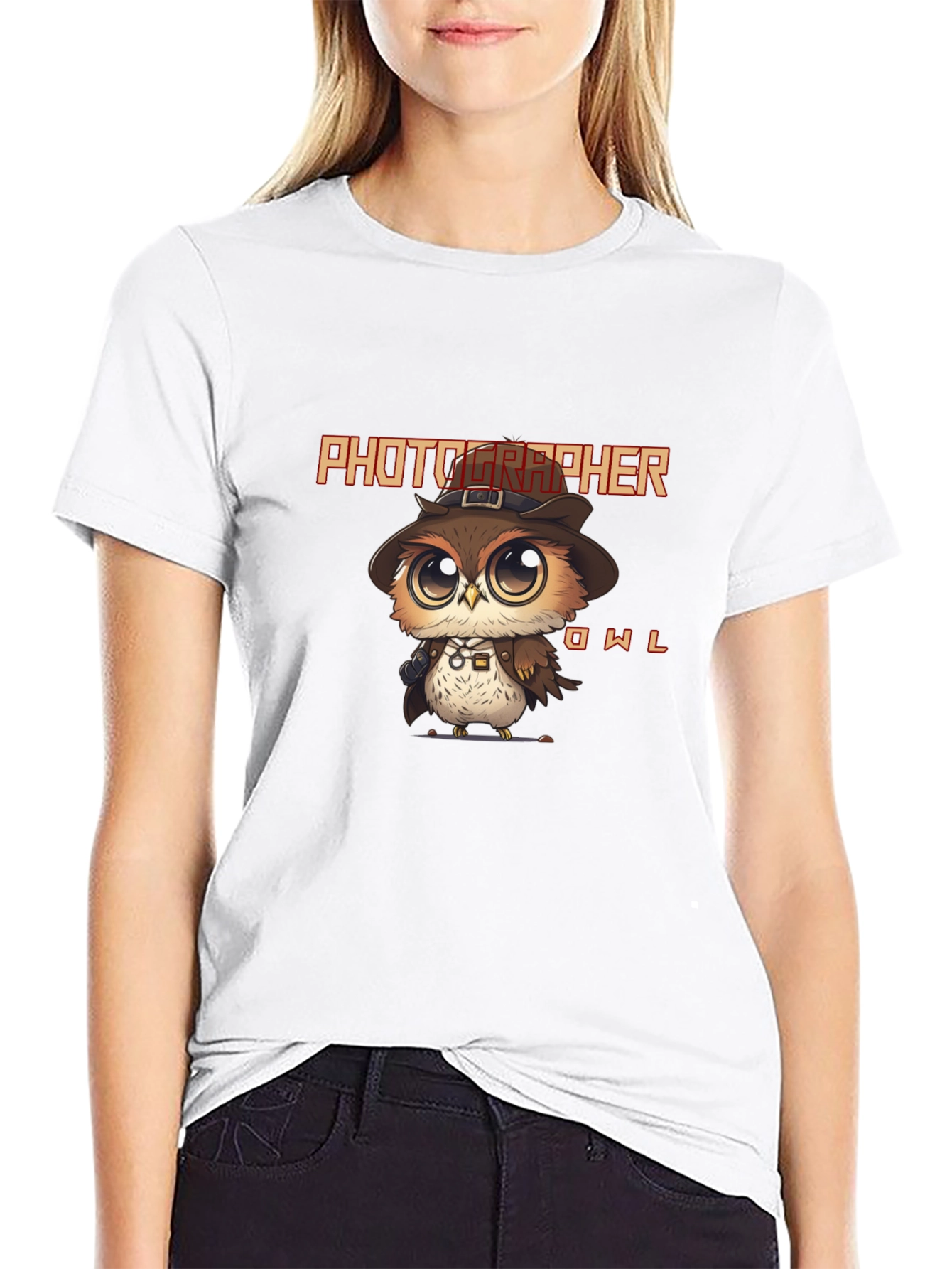 Photographer Owl Black Graphic T-Shirt