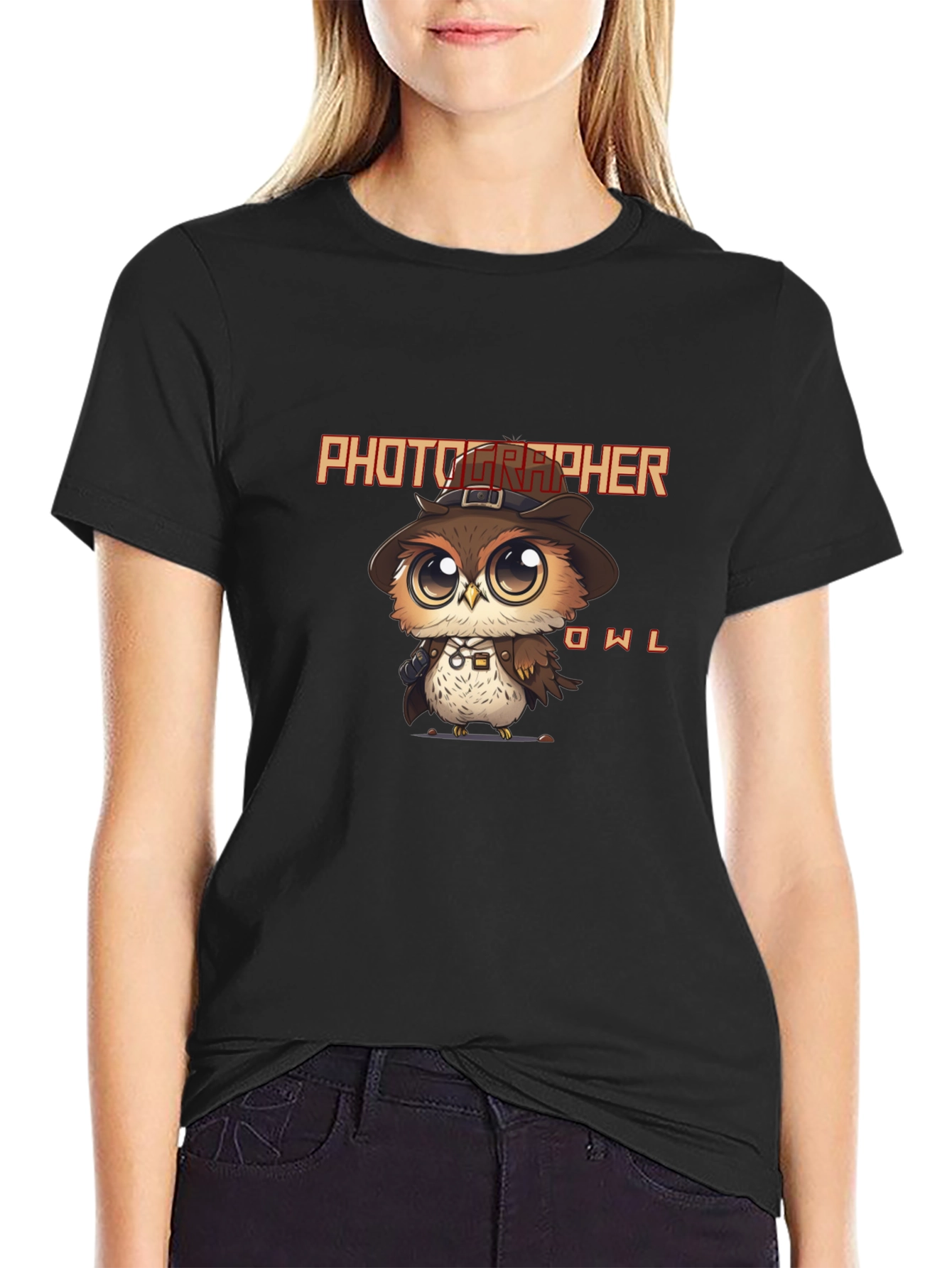 Photographer Owl Black Graphic T-Shirt