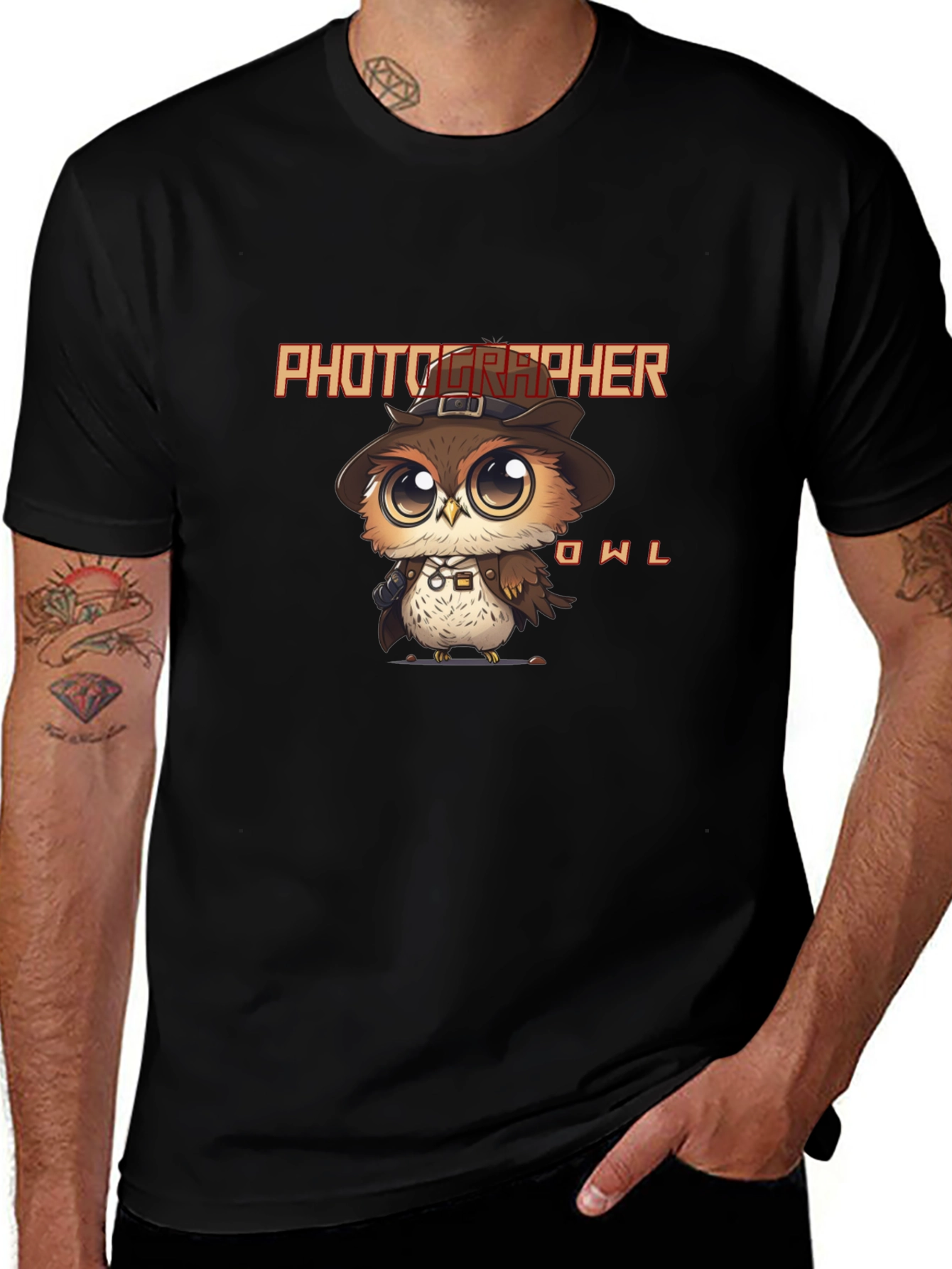 Photographer Owl Black Graphic T-Shirt