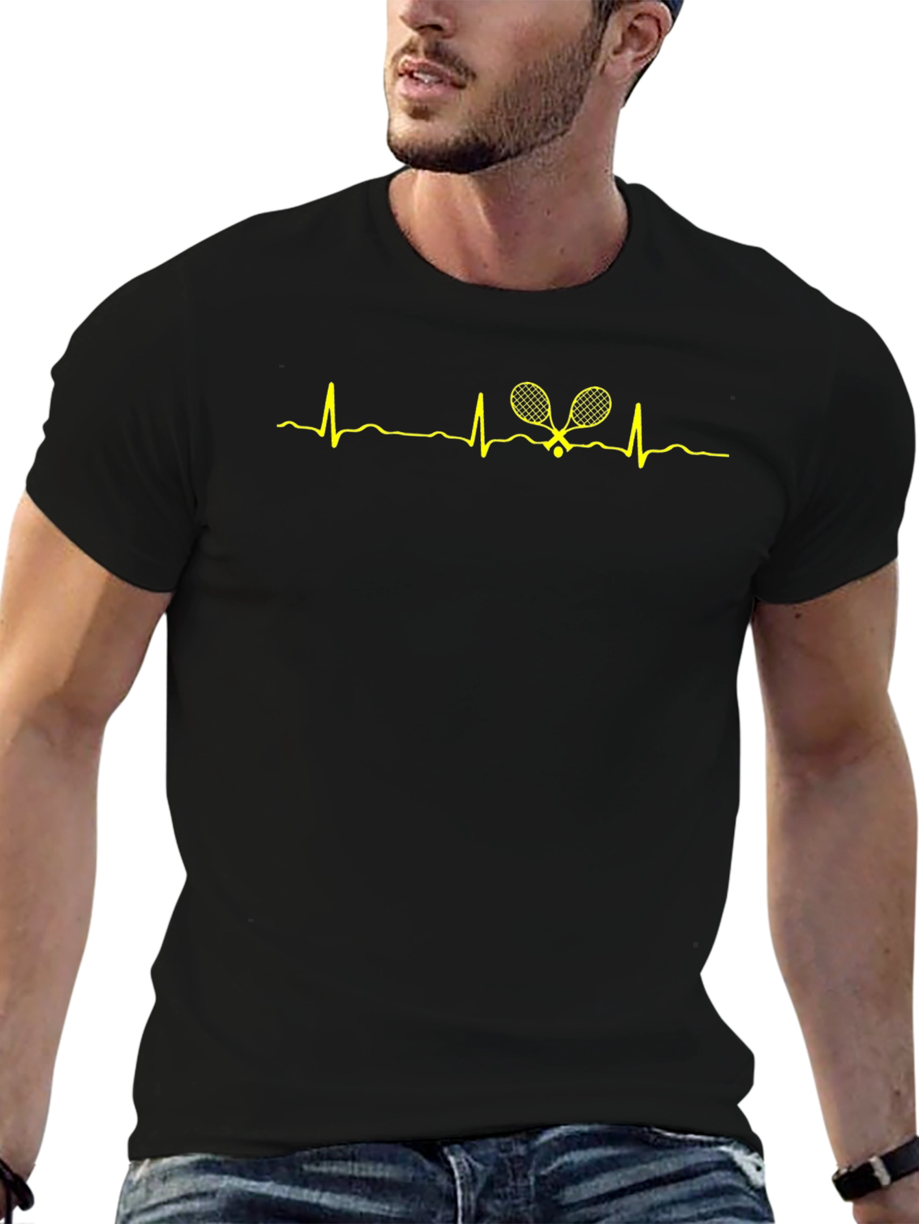 Tennis Heartbeat T-Shirt - Black Cotton Graphic Tee