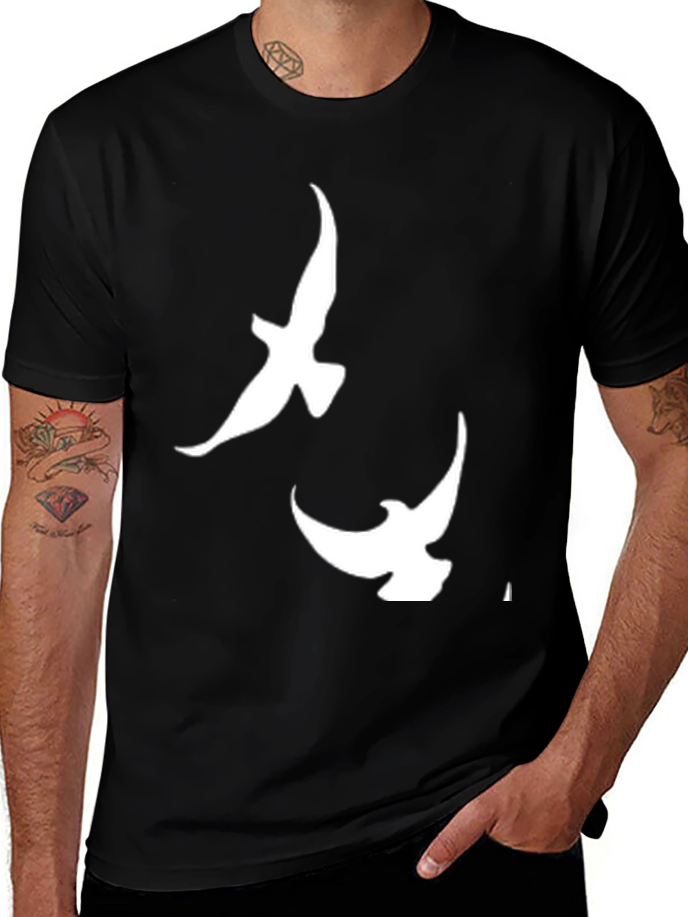 Mens Black T-shirt with White Dove Design