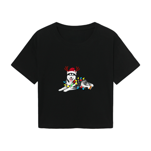 Husky Dog Christmas Lights Reindeer Antlers Crop Tee