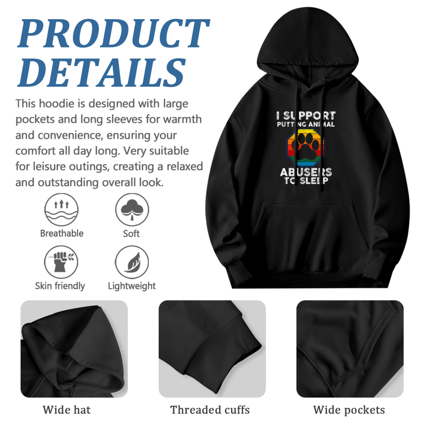 Animal Lover Anti-Abuse Rainbow Paw Print Hoodie, Cozy Casual Black Pullover Hoodie