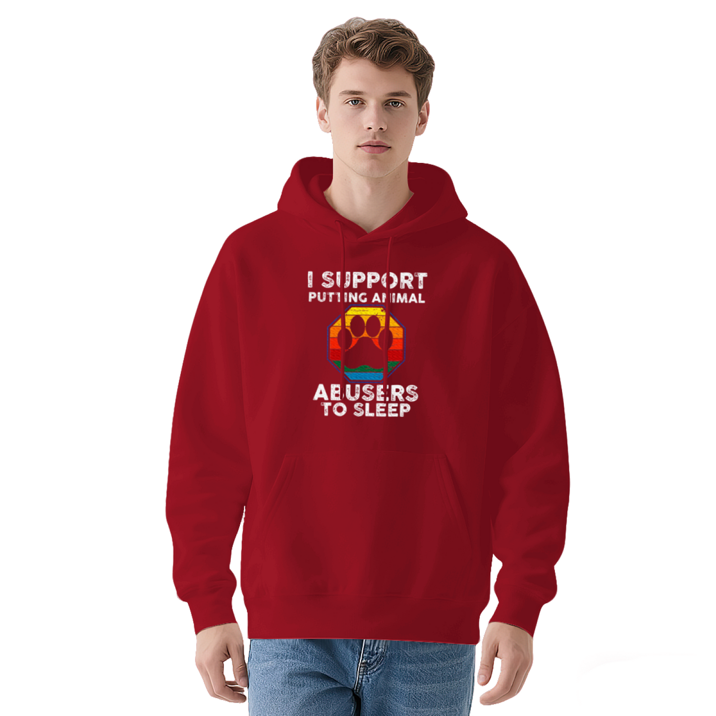 Animal Lover Anti-Abuse Rainbow Paw Print Hoodie, Cozy Casual Black Pullover Hoodie