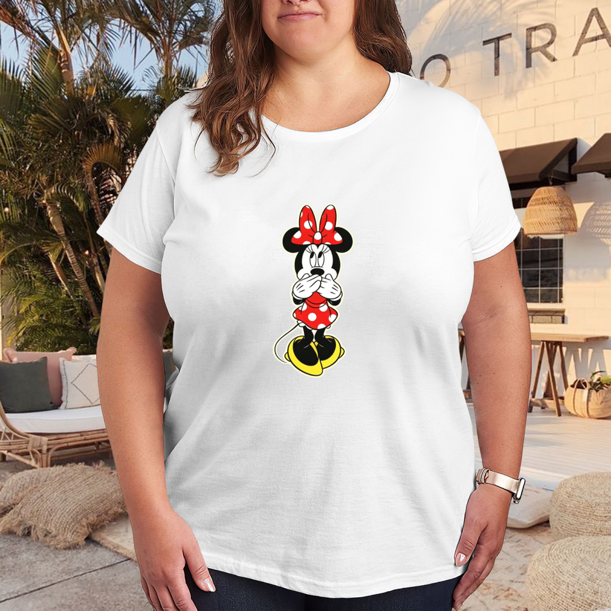 Plus Size Women Cute Minnie Mouse Cover?Mouth Graphic Casual Tee