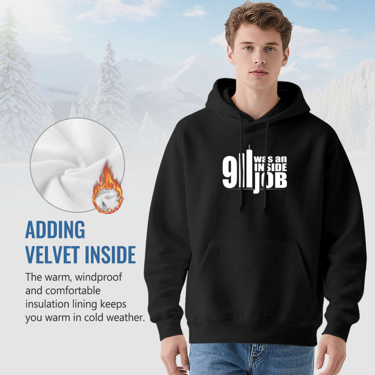 Conspiracy Theory 911 Inside Job Statement Hoodie, Men Trendy Comfort Black Hoodie