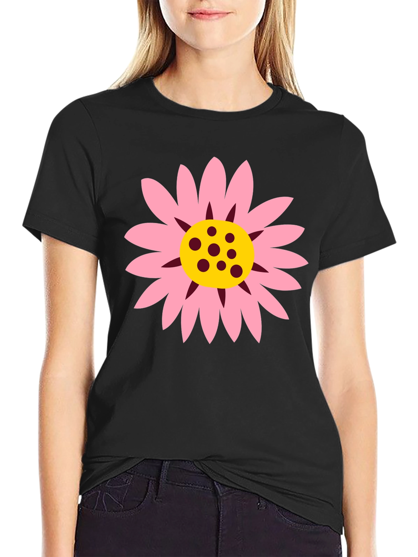 Black T-Shirt with Pink Daisy Graphic
