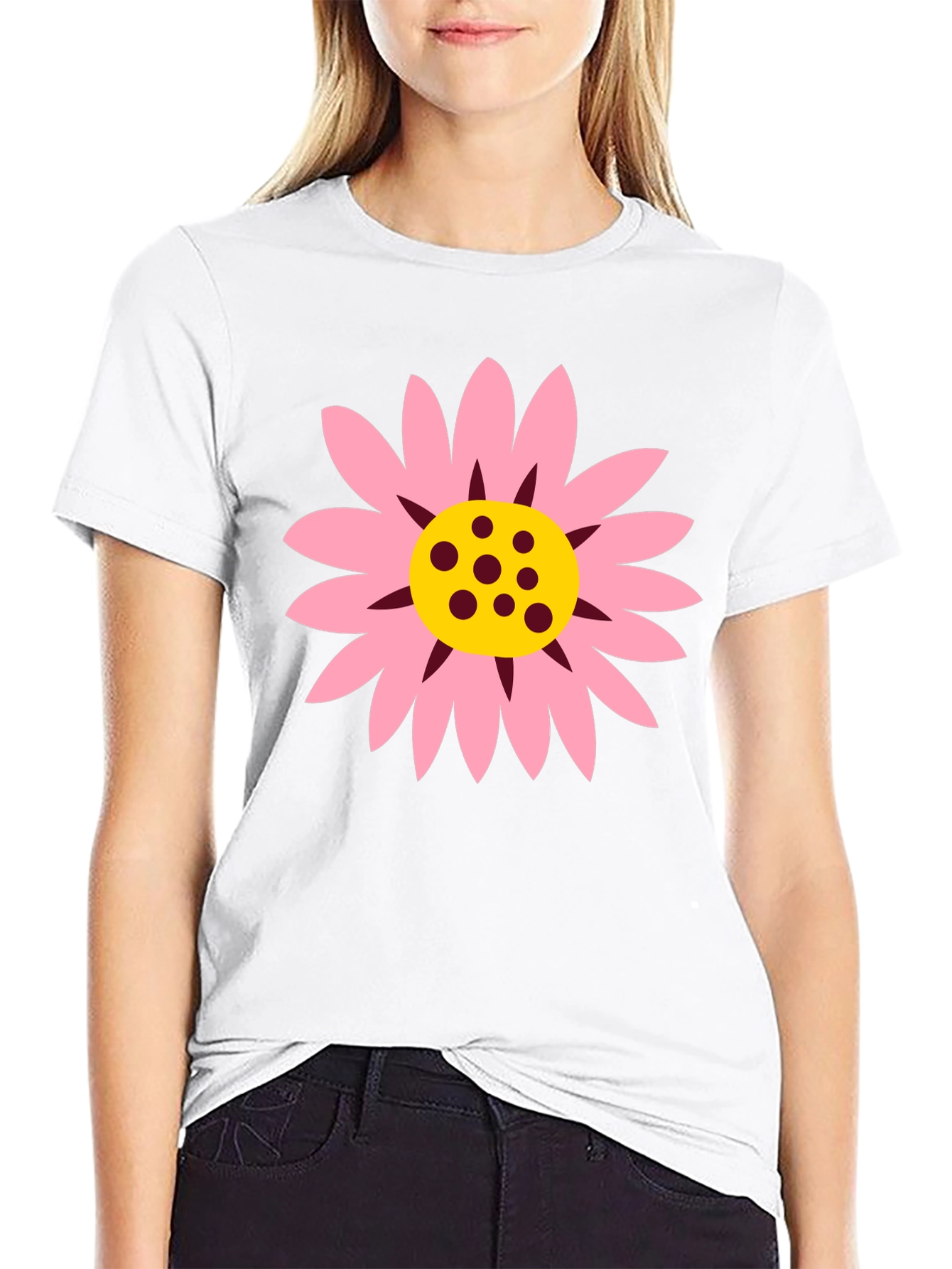 Black T-Shirt with Pink Daisy Graphic