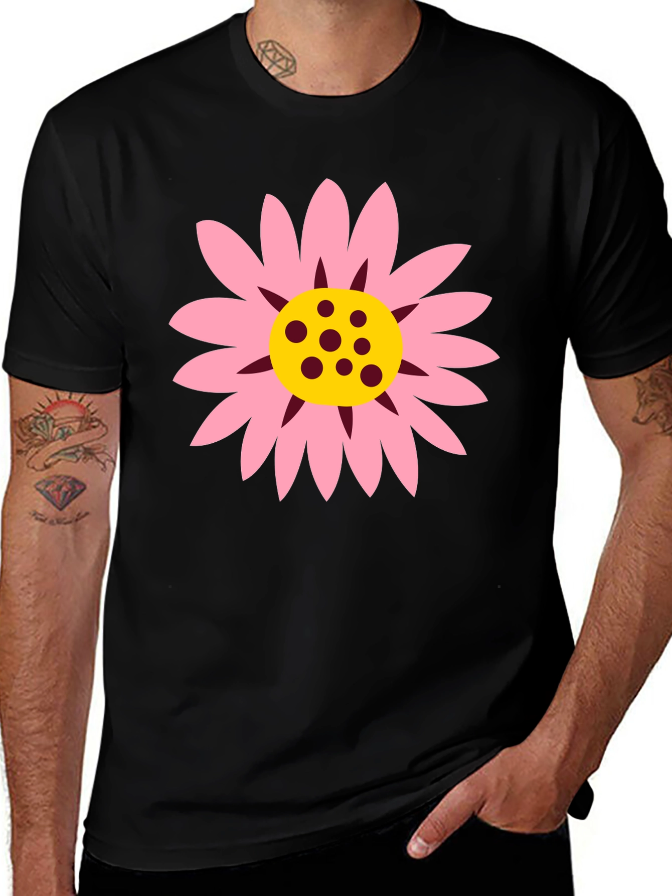 Black T-Shirt with Pink Daisy Graphic