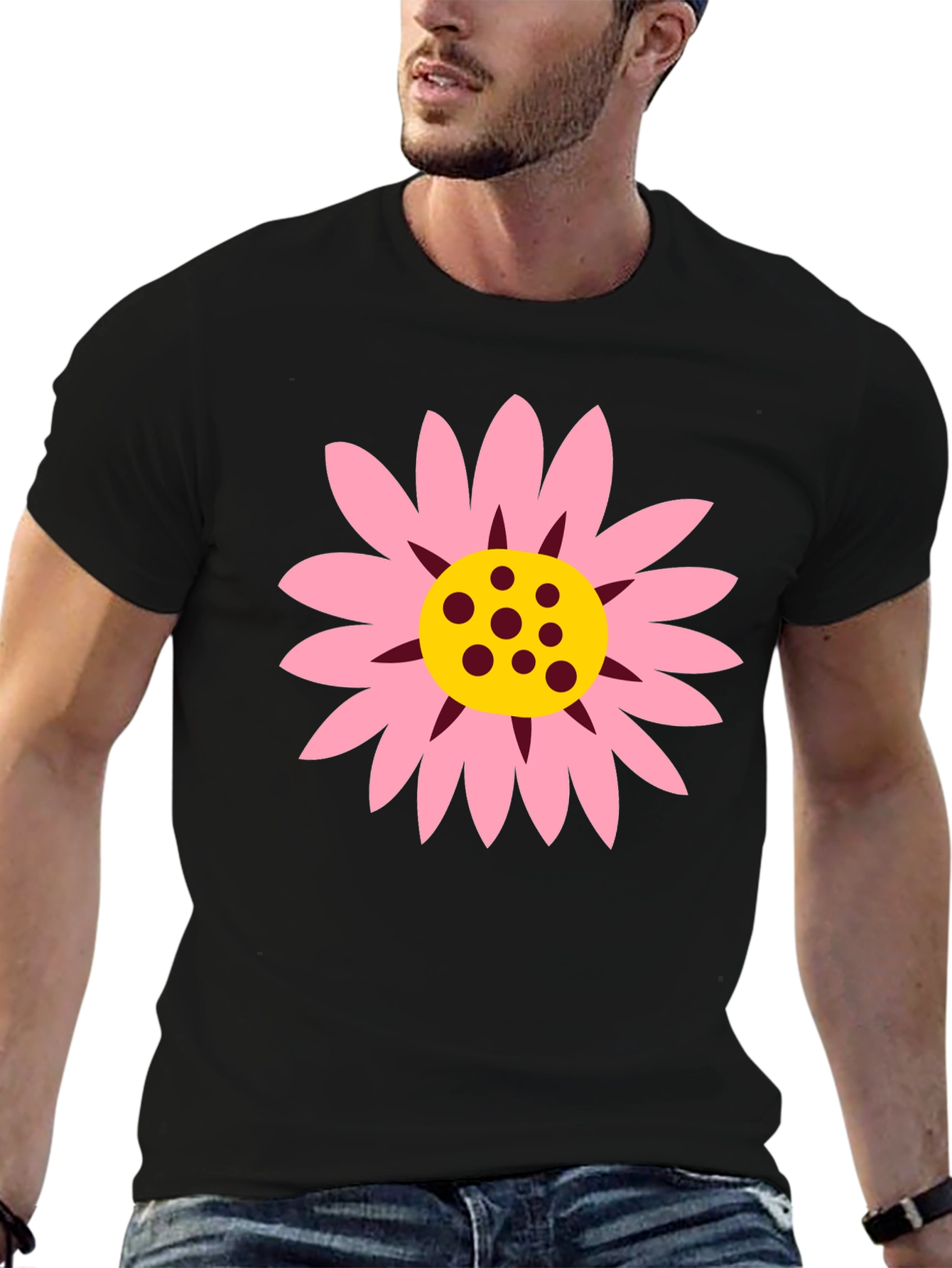 Black T-Shirt with Pink Daisy Graphic