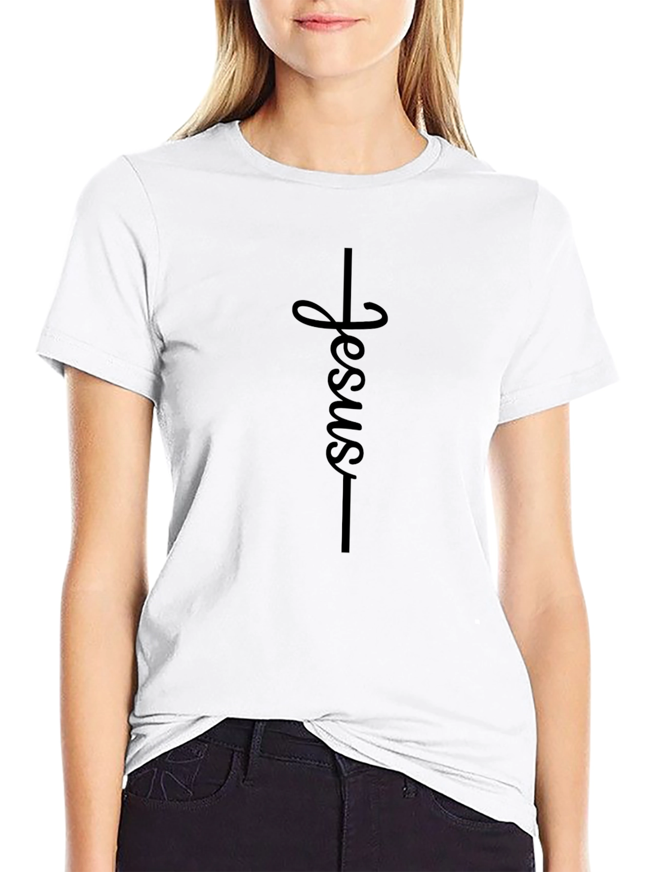 Jesus Cross Graphic Print Crew Neck Tee