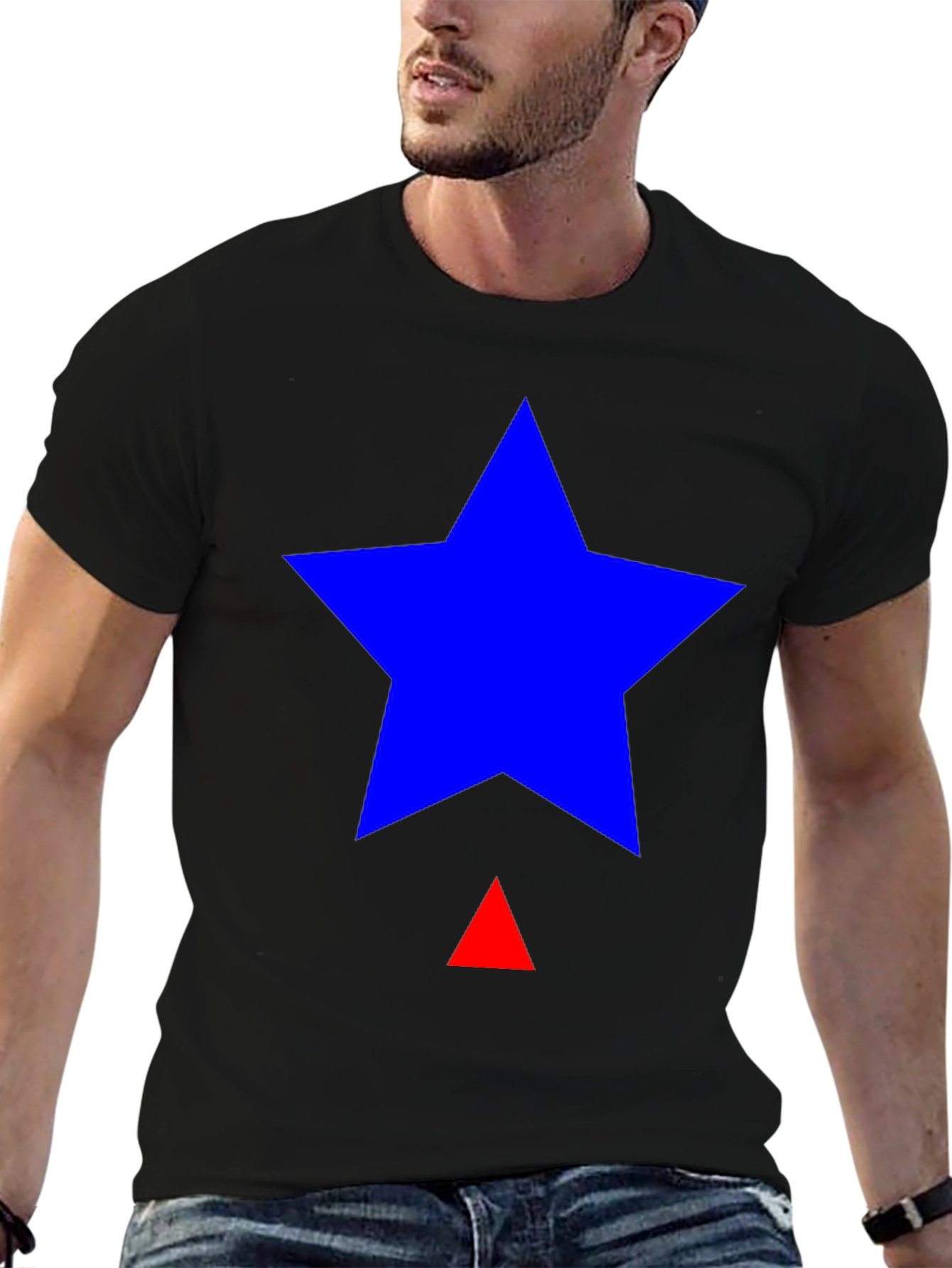 Blue Star & Red Triangle Graphic Black T-Shirt