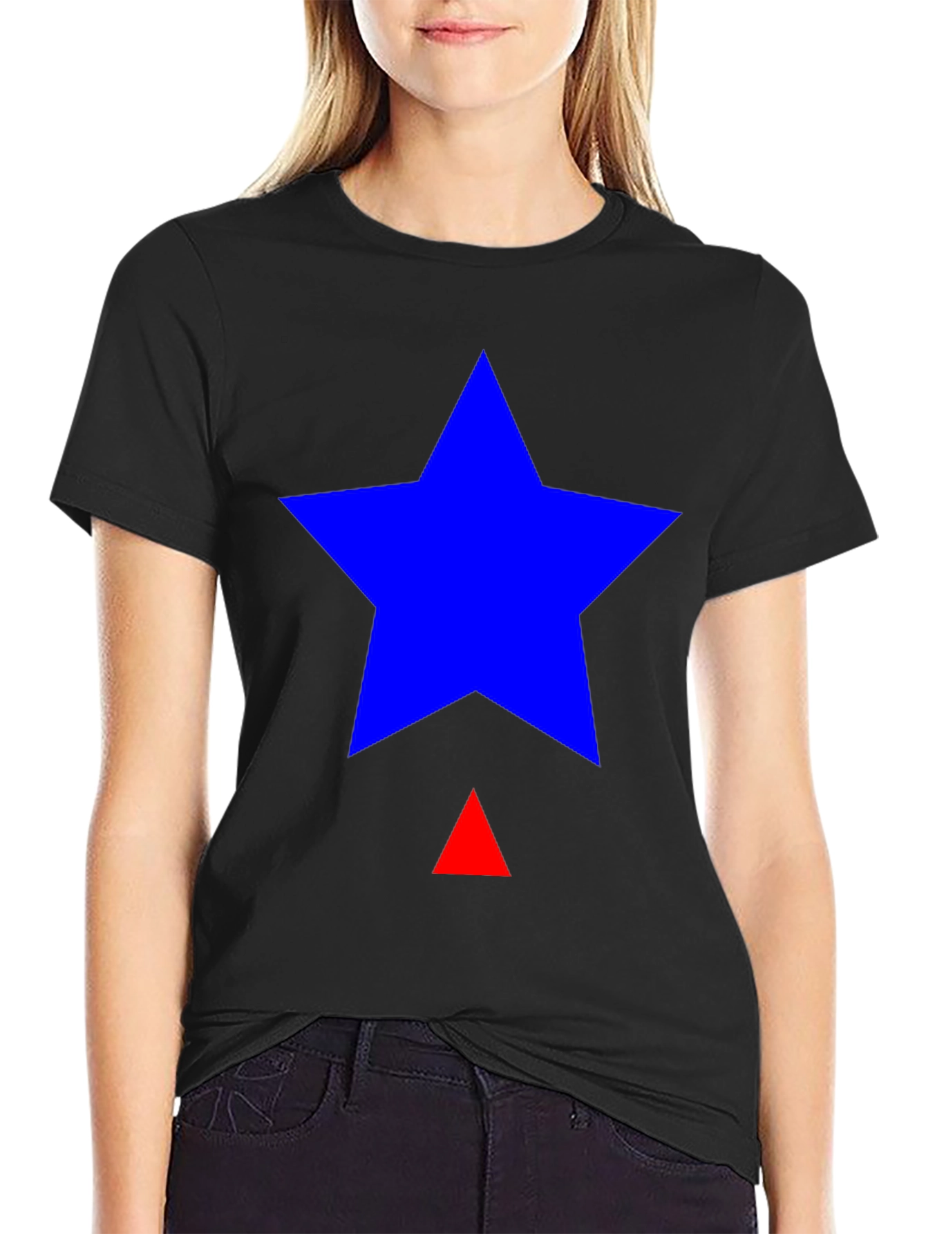 Blue Star & Red Triangle Graphic Black T-Shirt