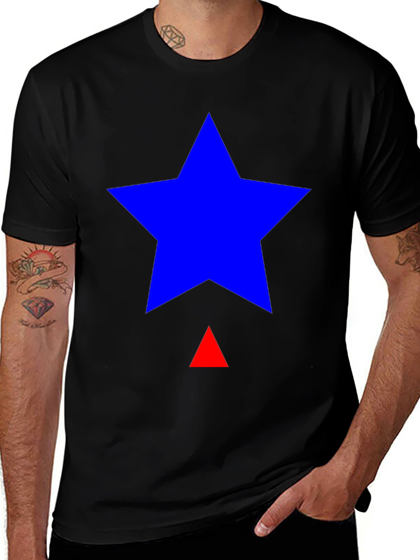 Blue Star & Red Triangle Graphic Black T-Shirt