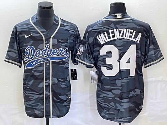 Men's Los Angeles Dodgers Fernando Valenzuela #34 Grey Camouflage Player Jerseys Joint Edition