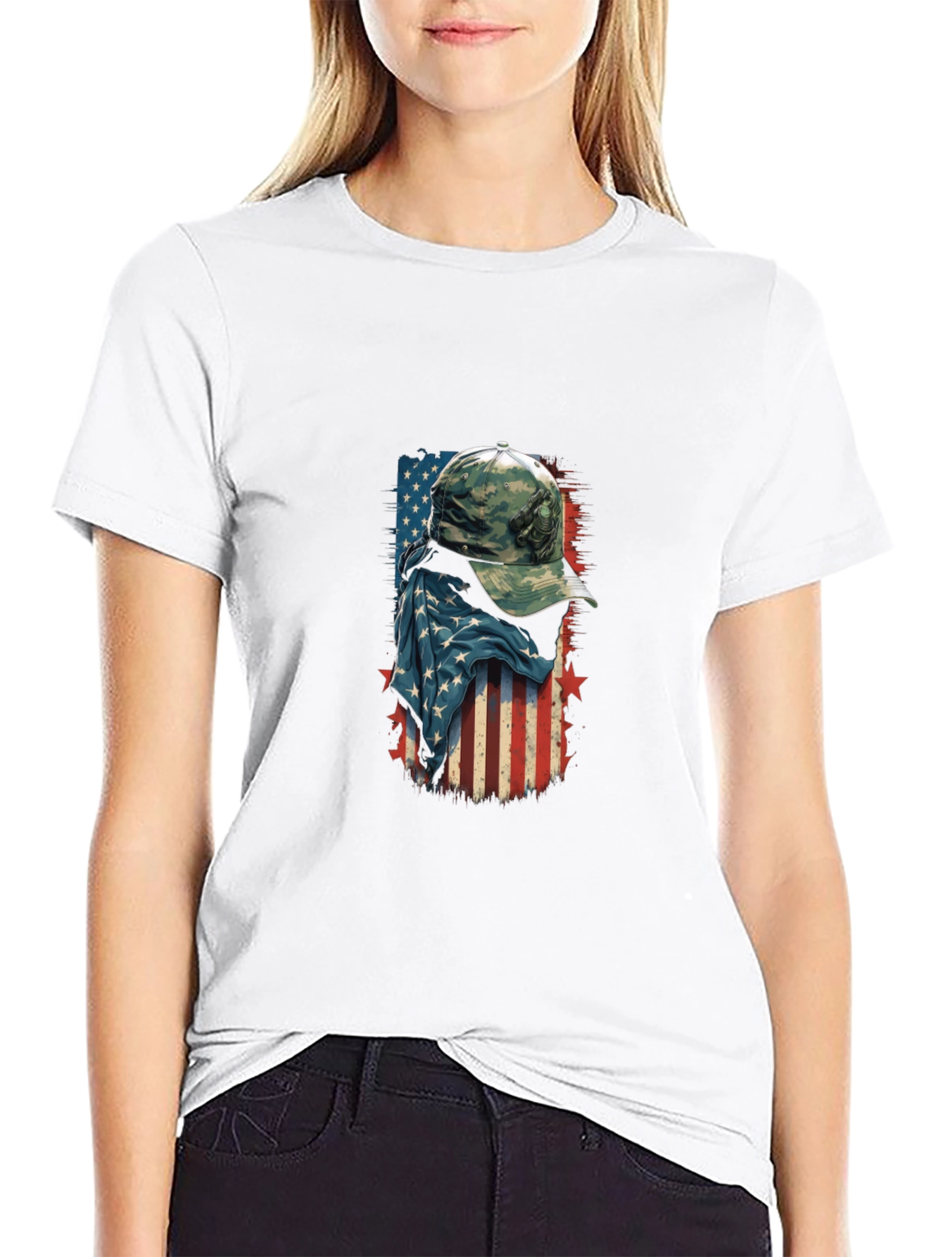 American Flag Camo Hat Graphic T-Shirt