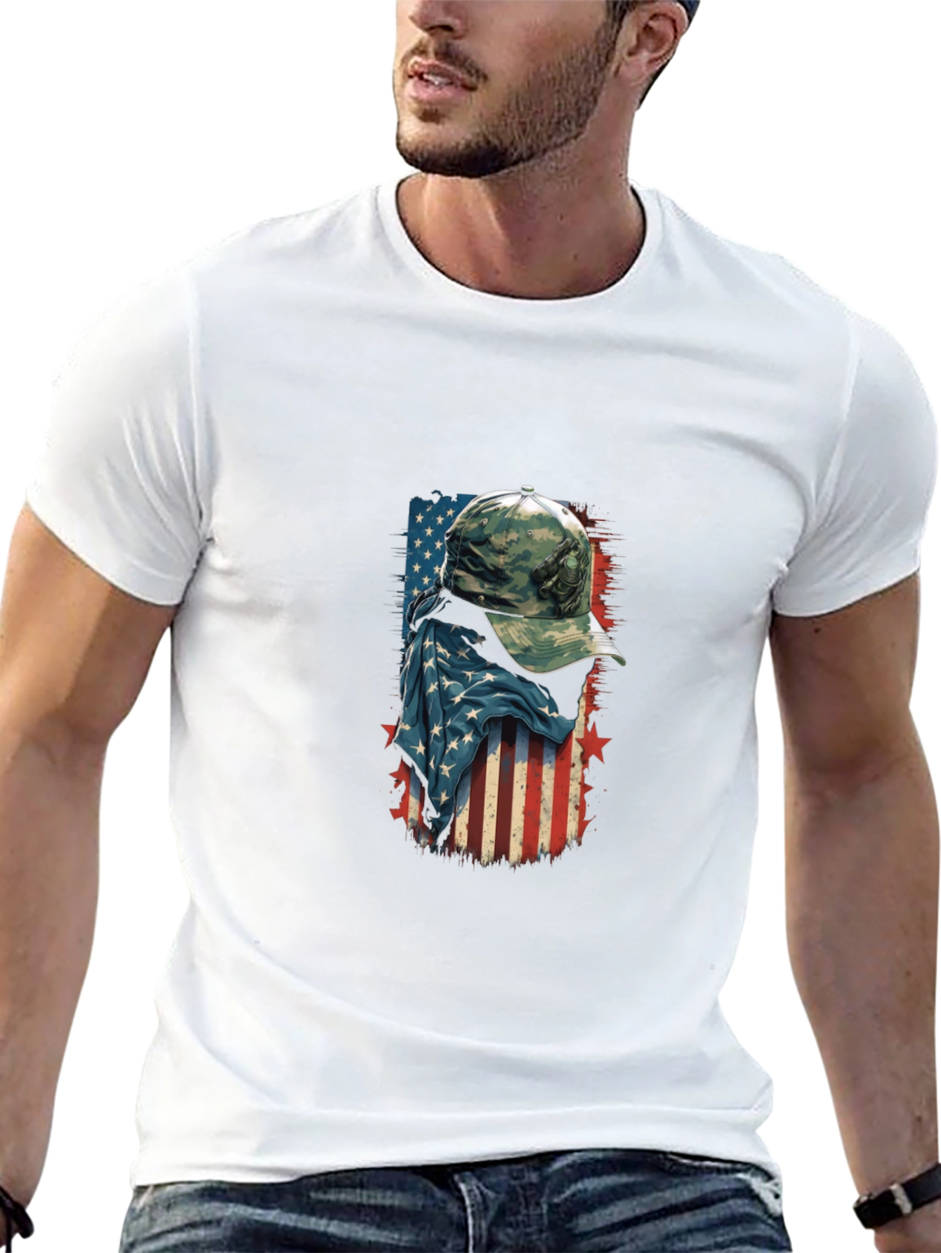 American Flag Camo Hat Graphic T-Shirt