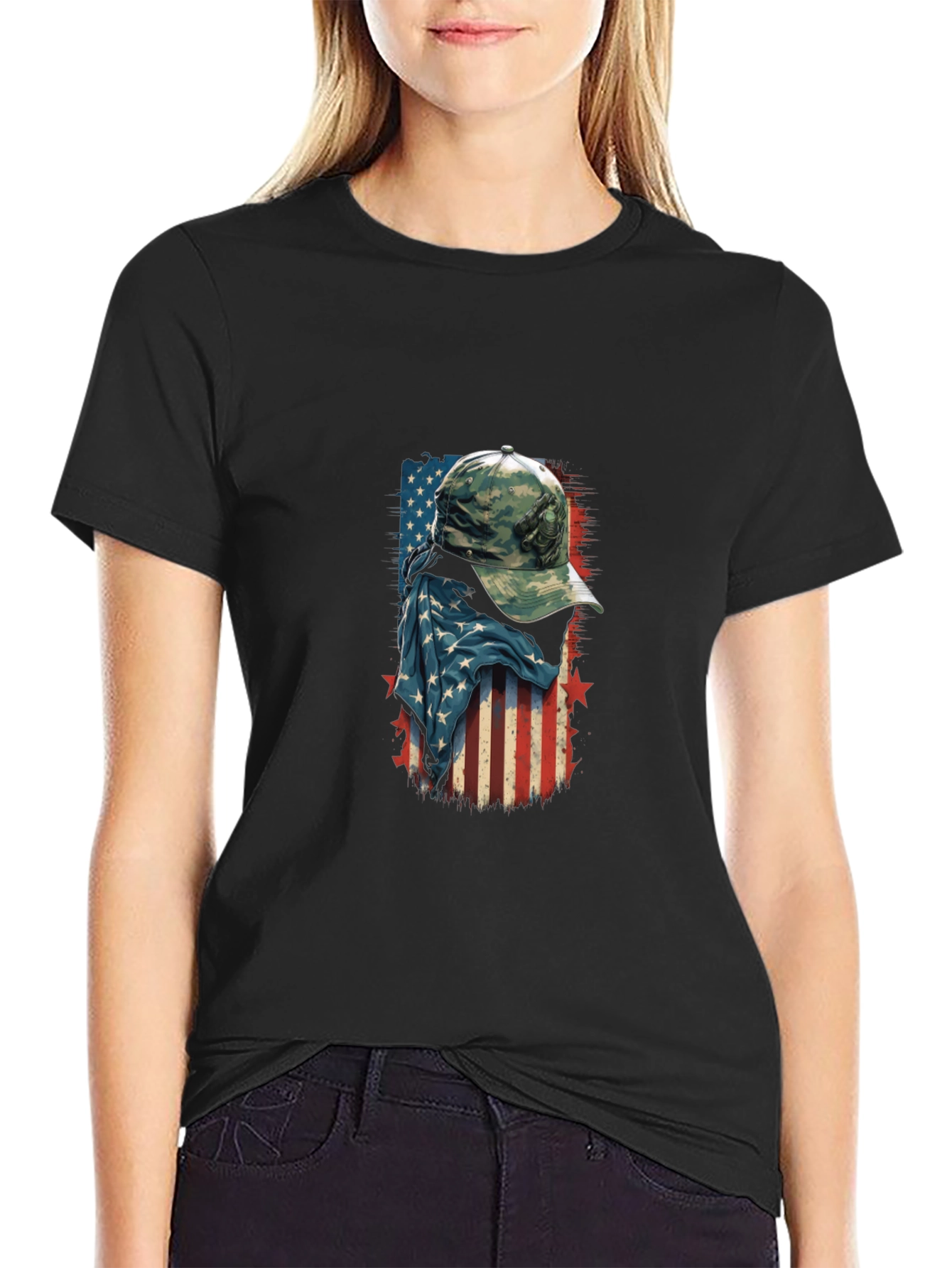 American Flag Camo Hat Graphic T-Shirt