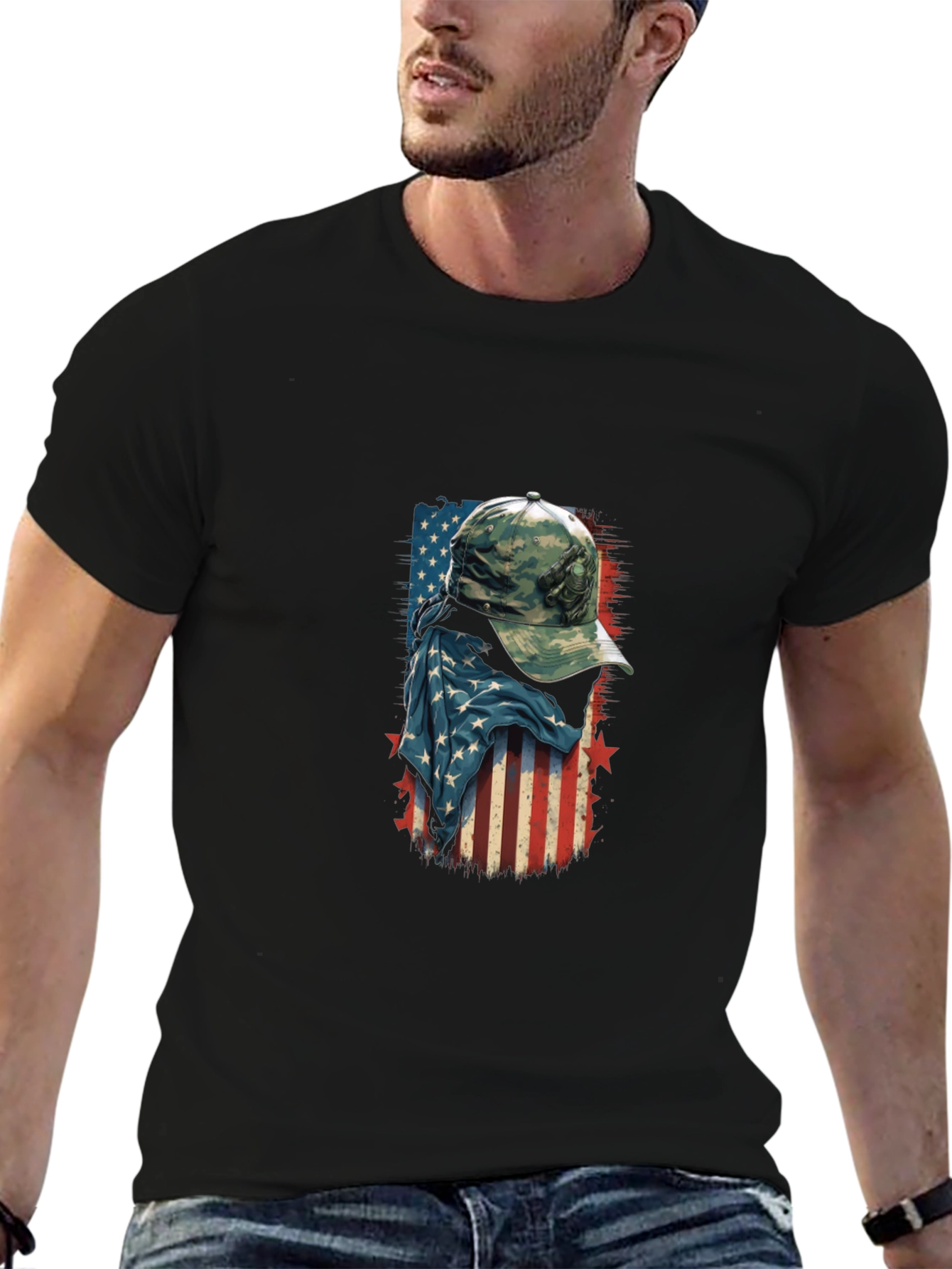 American Flag Camo Hat Graphic T-Shirt