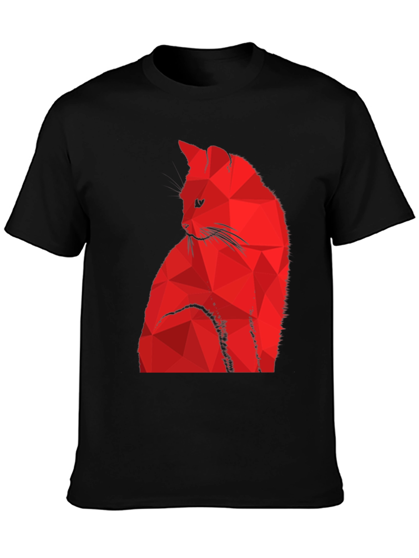 Geometric Red Cat Graphic Black T-Shirt