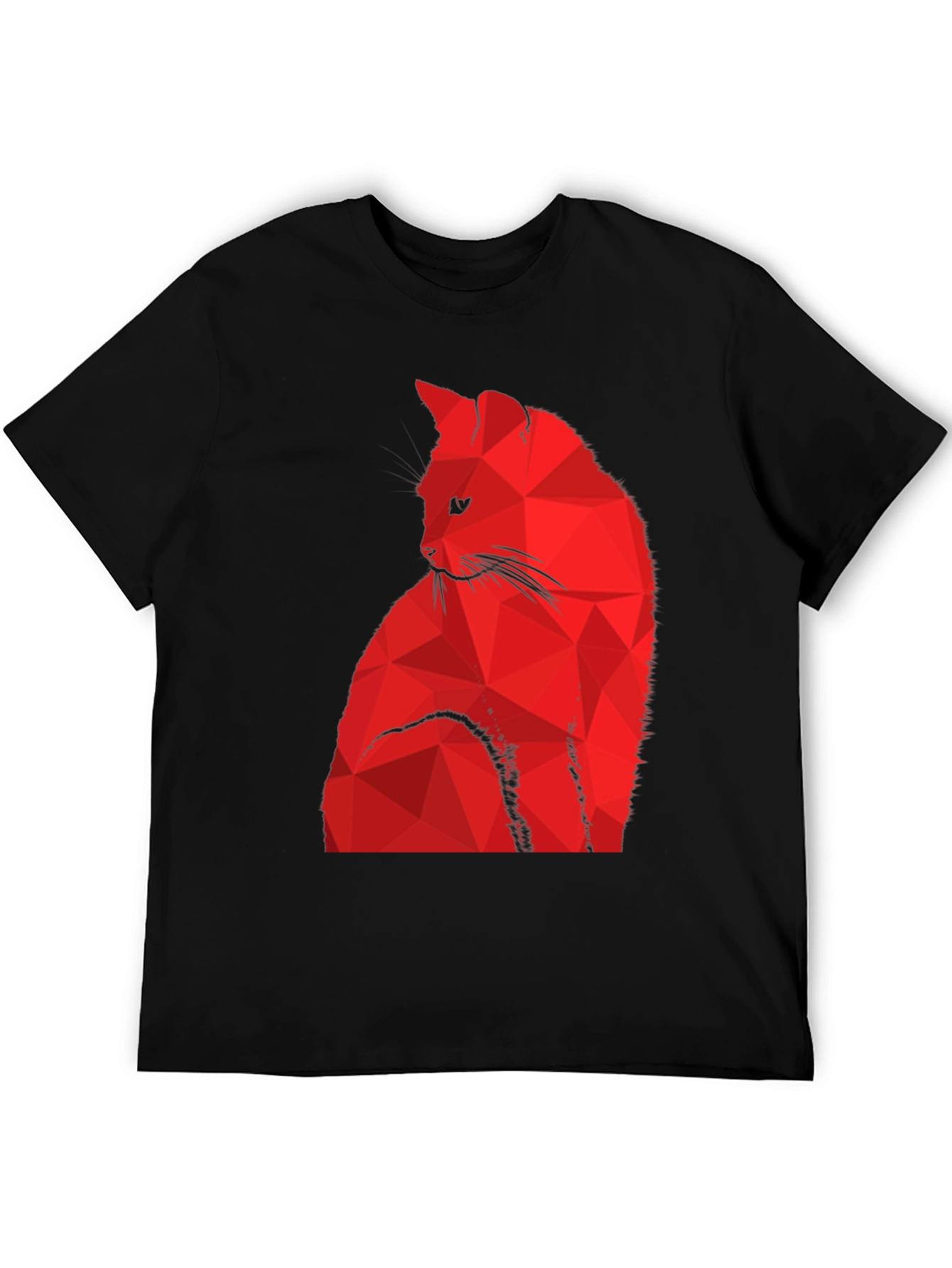 Geometric Red Cat Graphic Black T-Shirt
