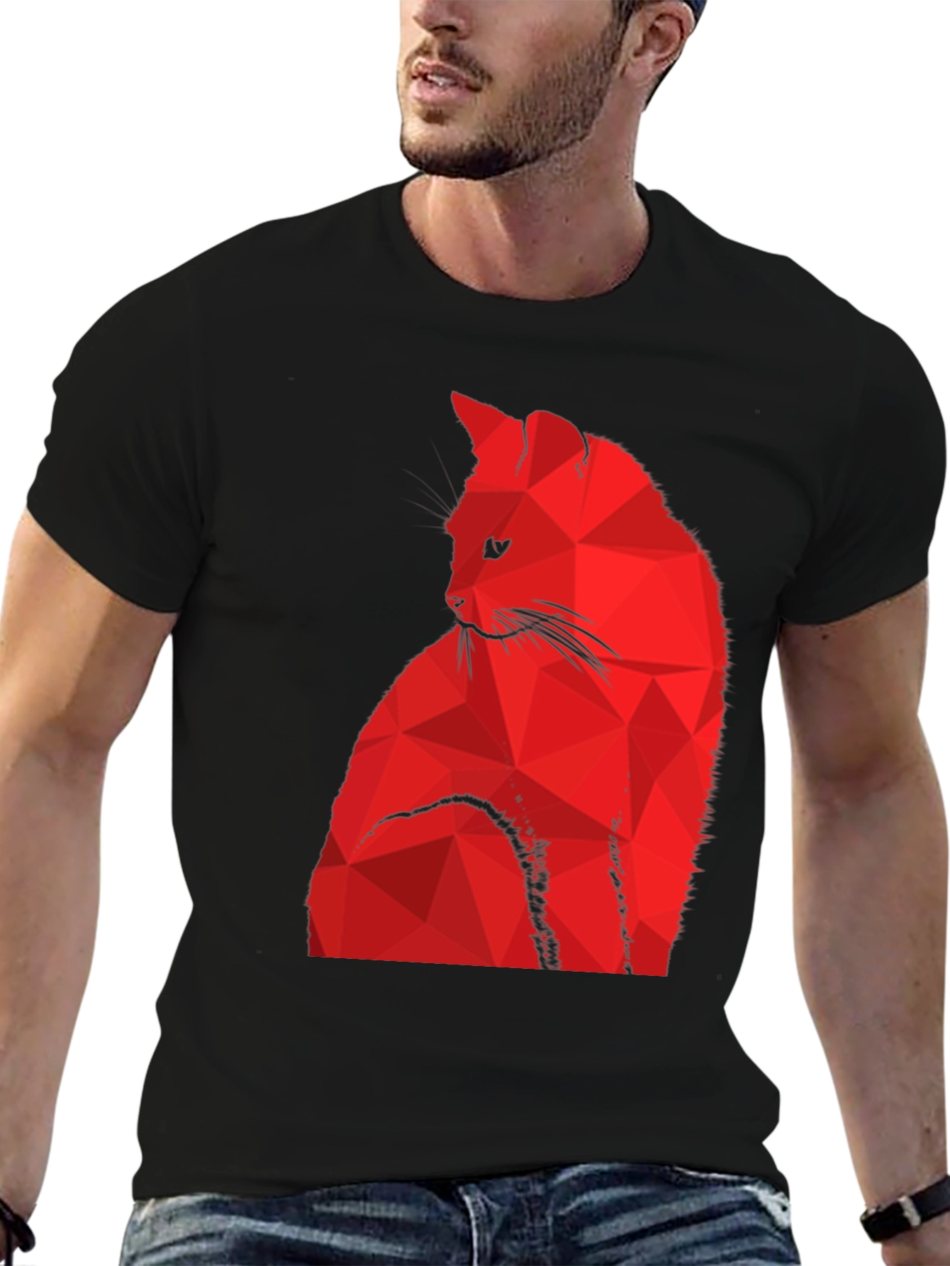 Geometric Red Cat Graphic Black T-Shirt