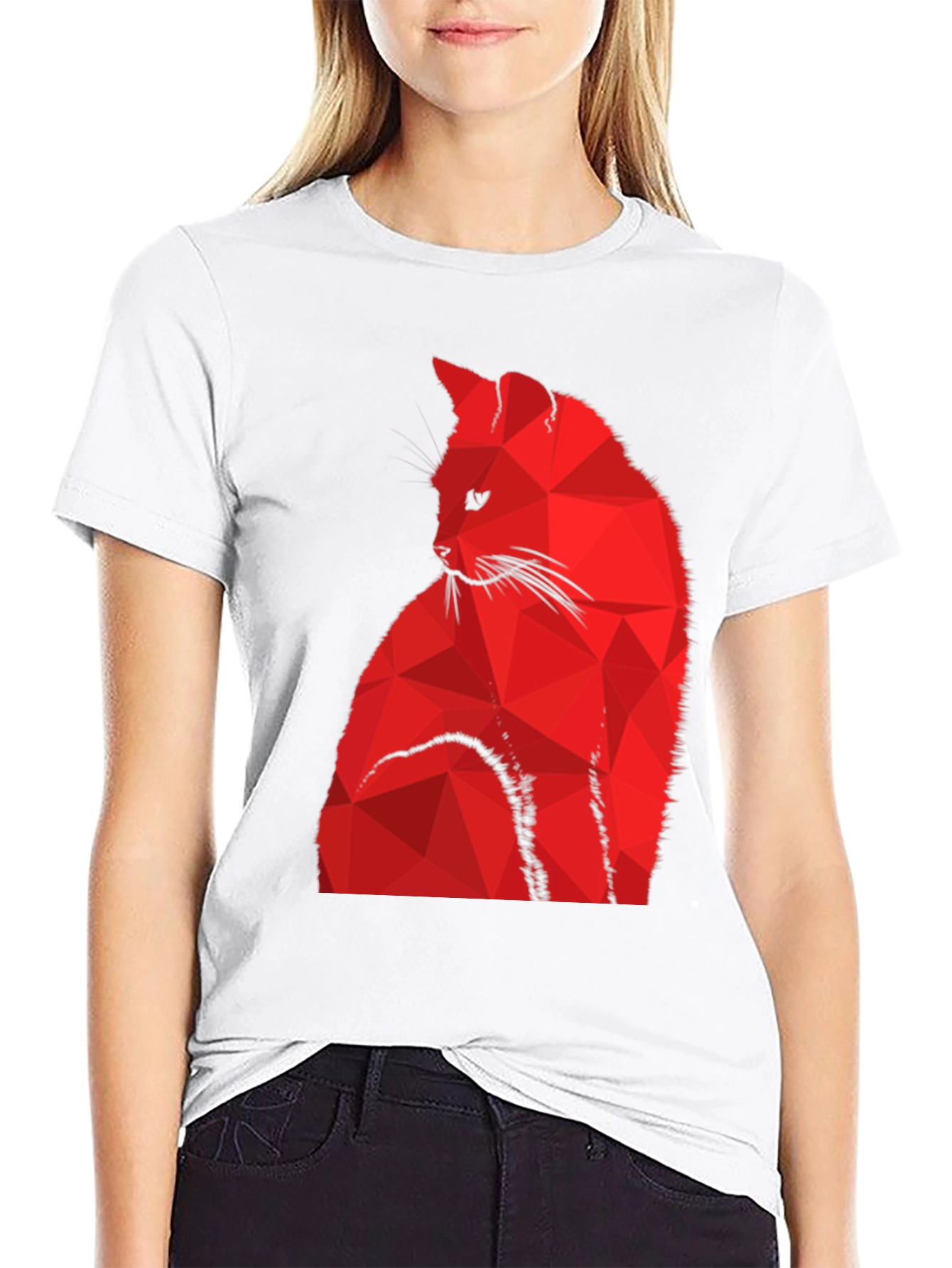 Geometric Red Cat Graphic Black T-Shirt