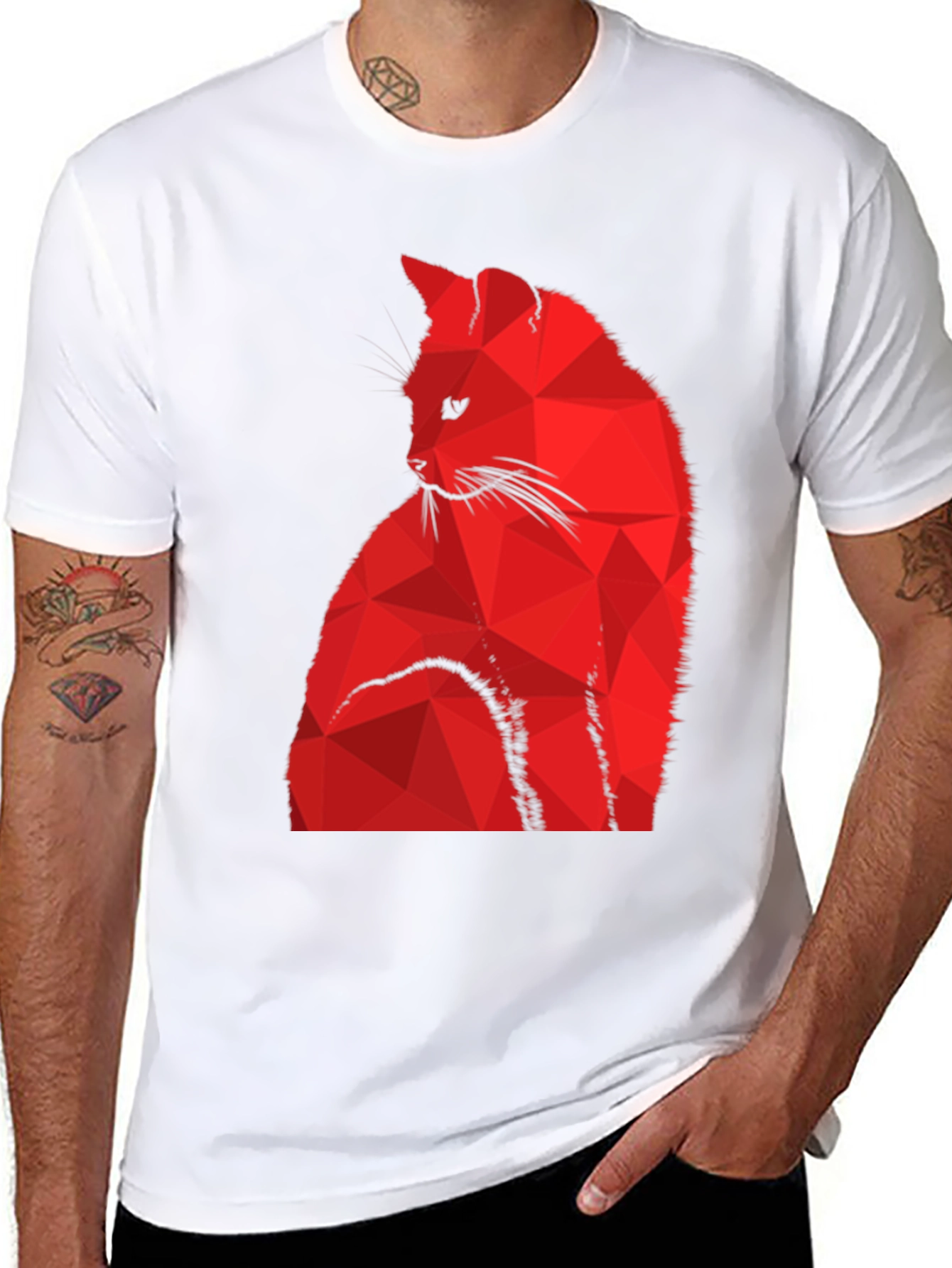 Geometric Red Cat Graphic Black T-Shirt