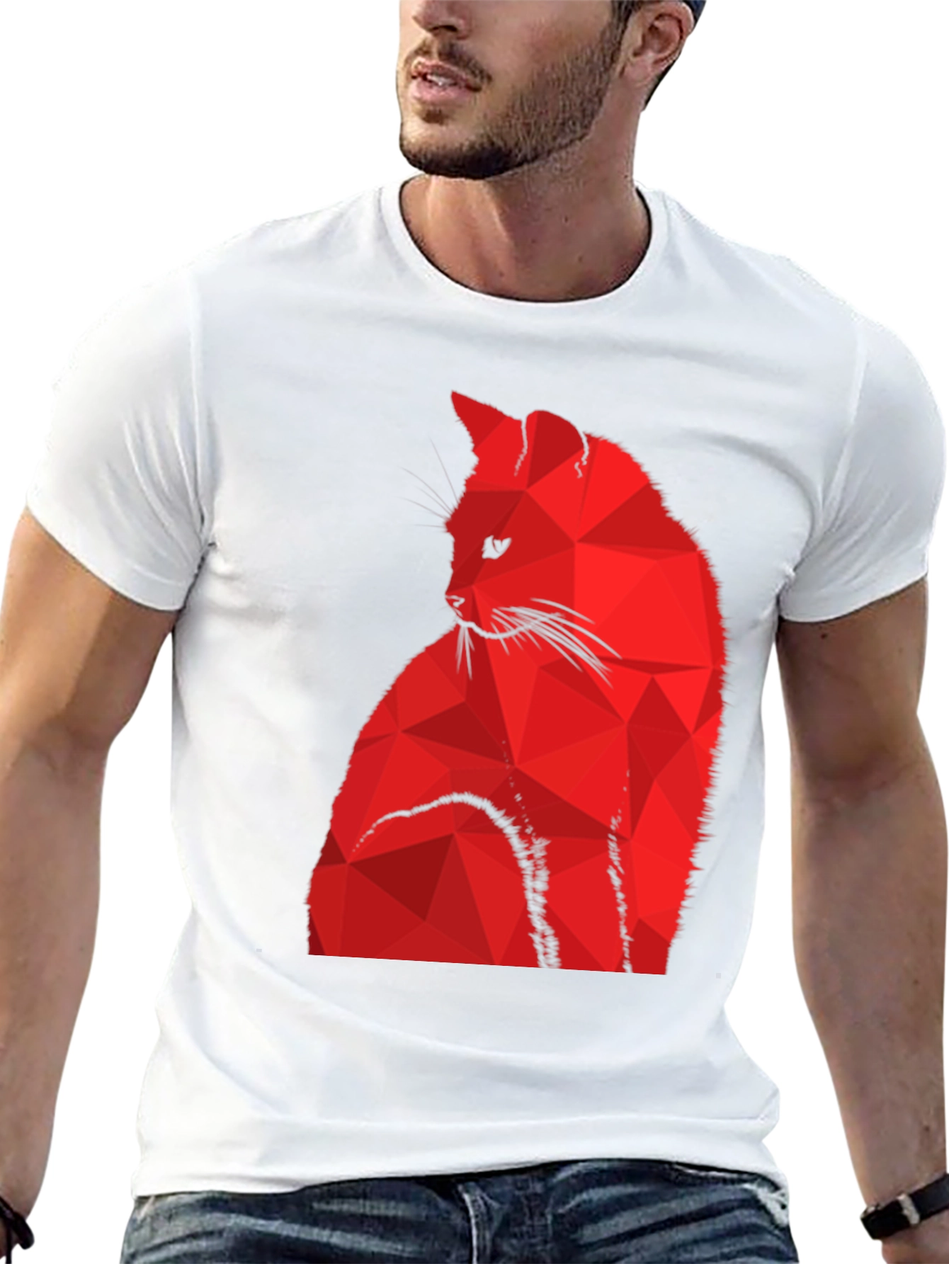 Geometric Red Cat Graphic Black T-Shirt