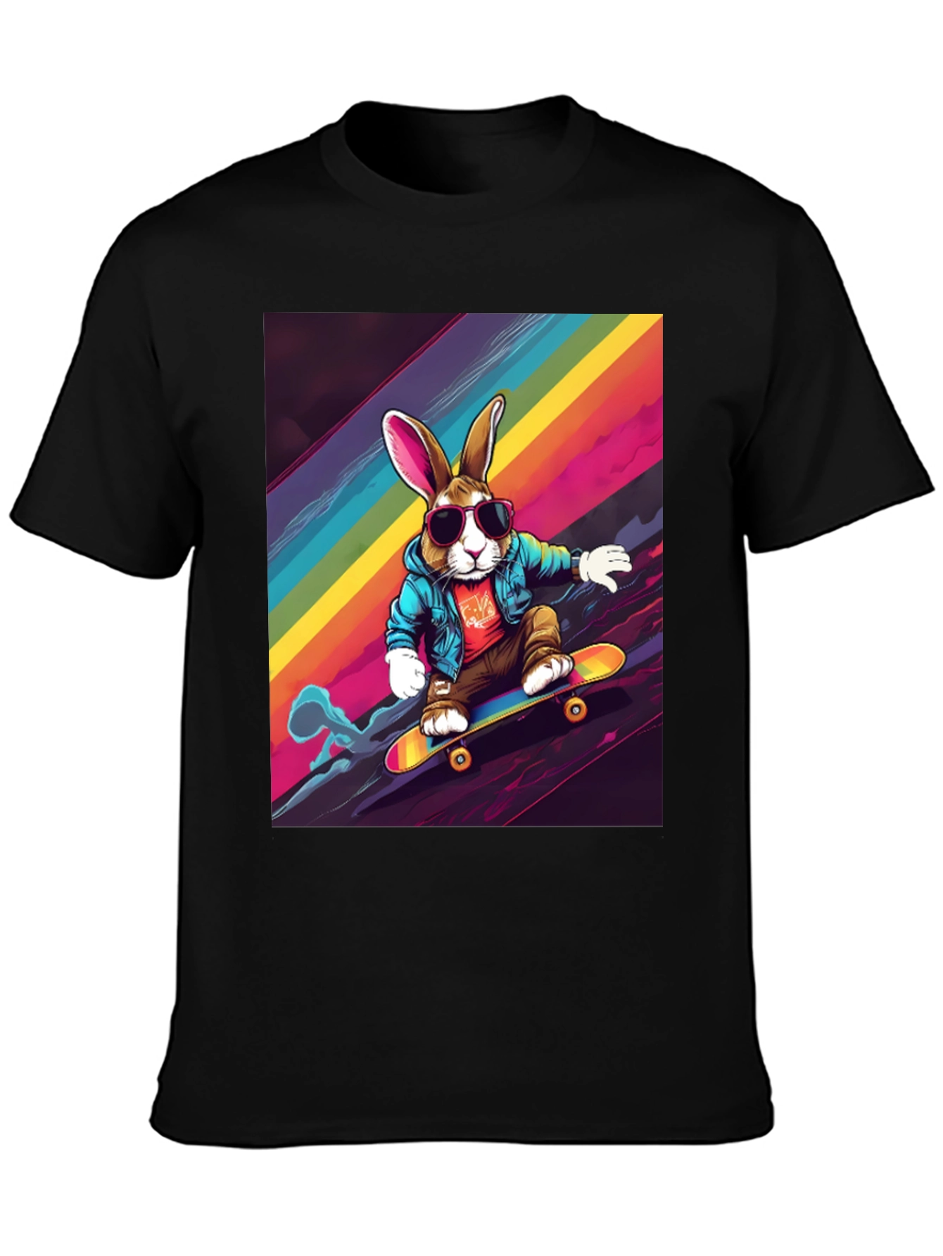Skateboarding Bunny T-Shirt - Rainbow Graphic Tee