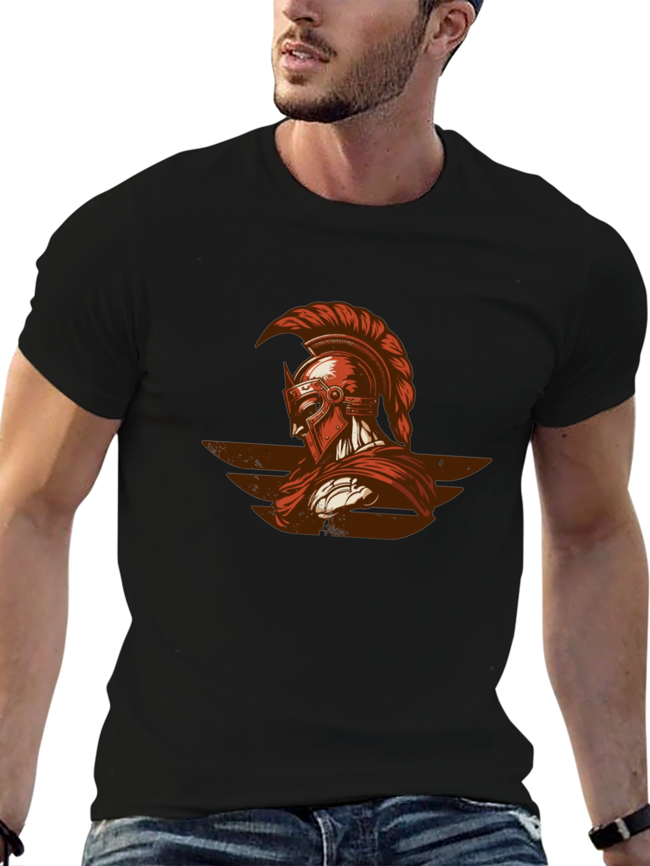 Spartan Warrior Graphic Tee - Black Cotton Shirt