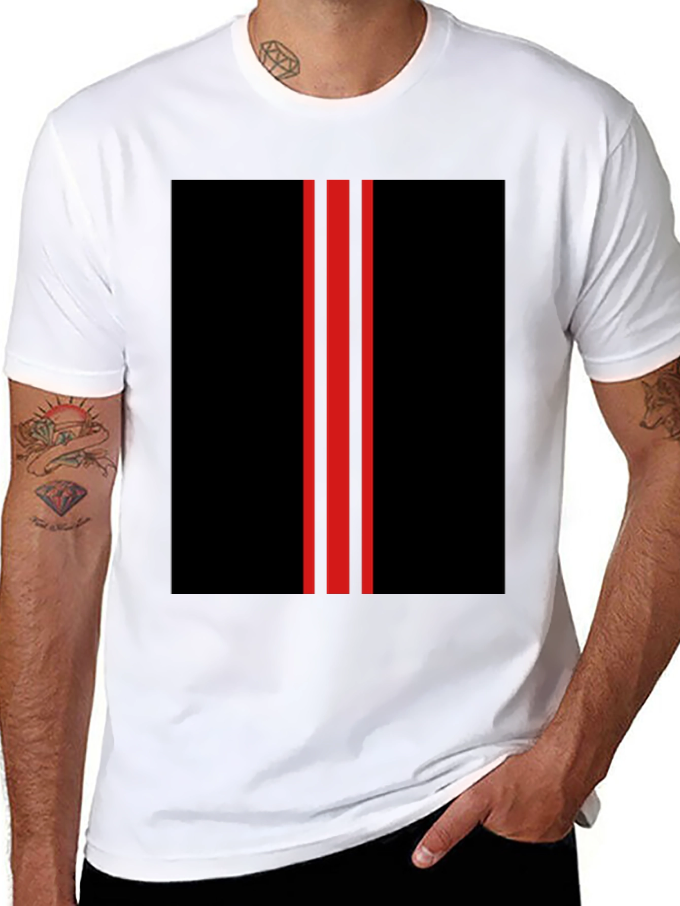 Black T-Shirt with Red Racing Stripes Design