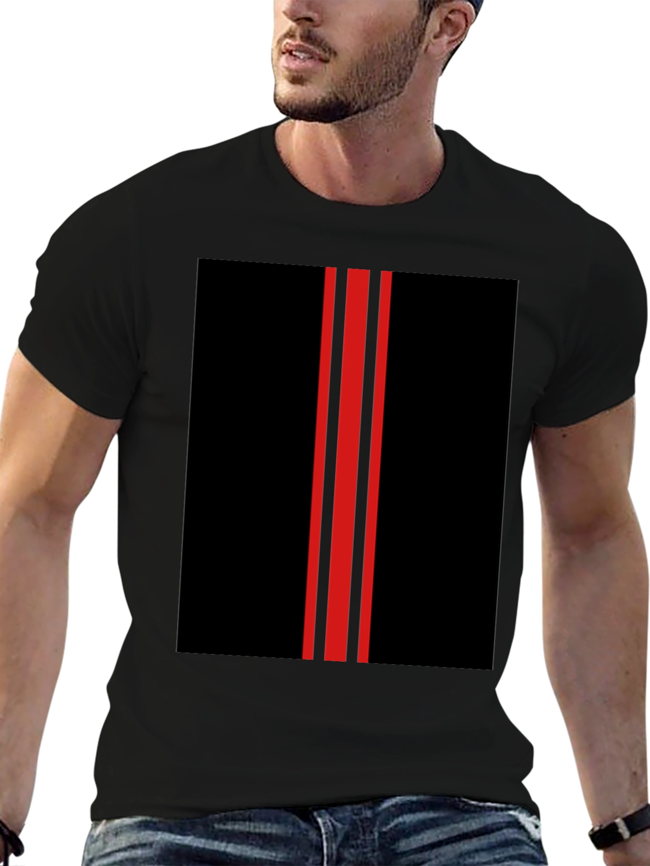 Black T-Shirt with Red Racing Stripes Design