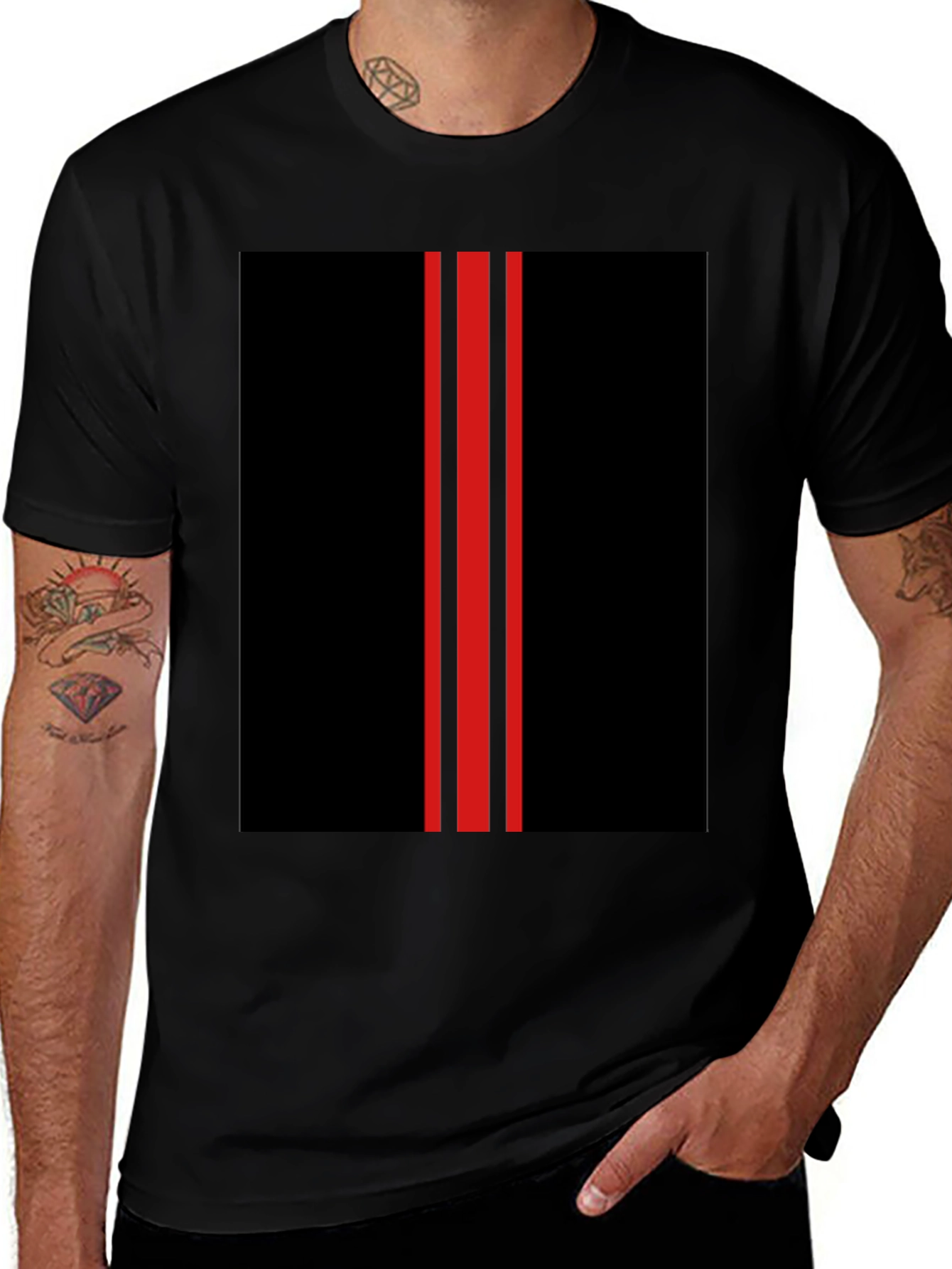 Black T-Shirt with Red Racing Stripes Design