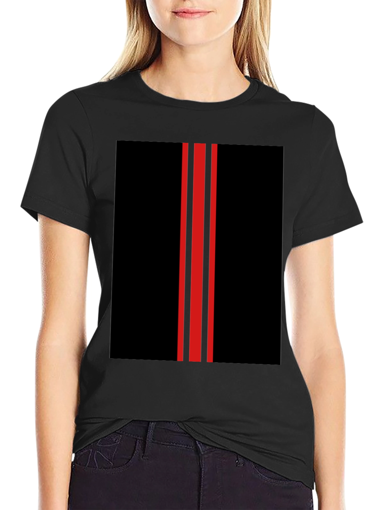 Black T-Shirt with Red Racing Stripes Design
