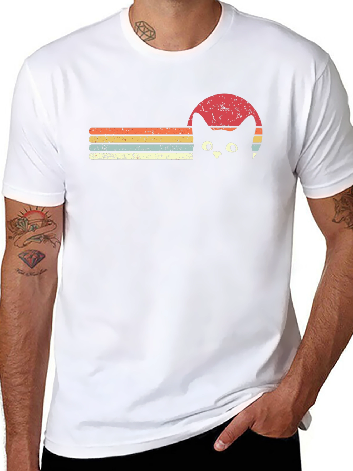 Retro Cat Sunset Graphic Tee - Black