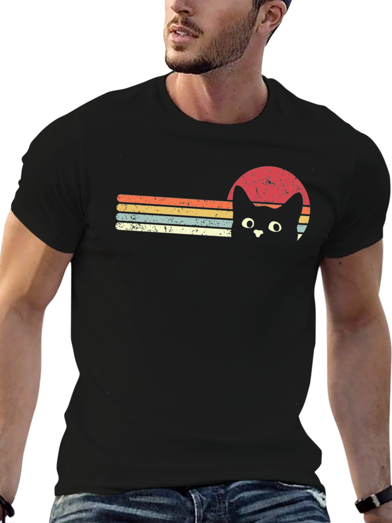 Retro Cat Sunset Graphic Tee - Black