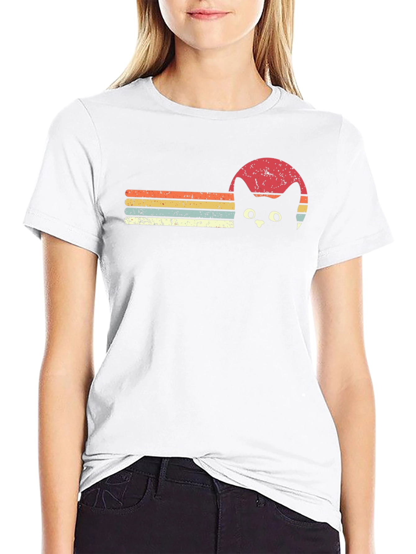 Retro Cat Sunset Graphic Tee - Black