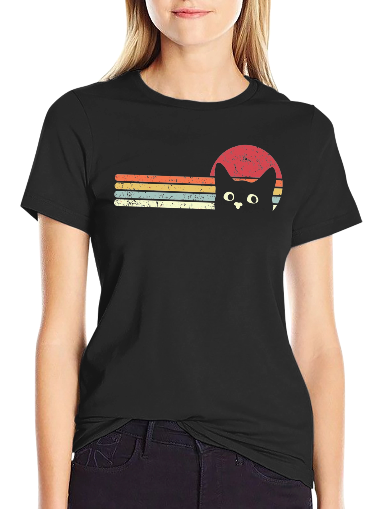 Retro Cat Sunset Graphic Tee - Black