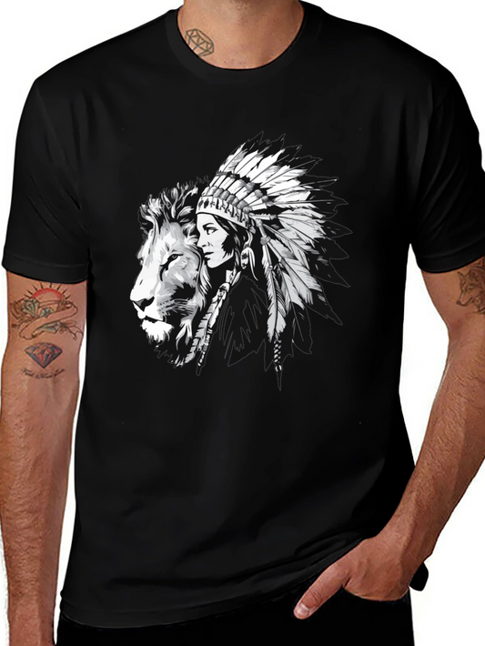 Lion & Native Headdress Graphic Tee - Mens Black T-Shirt