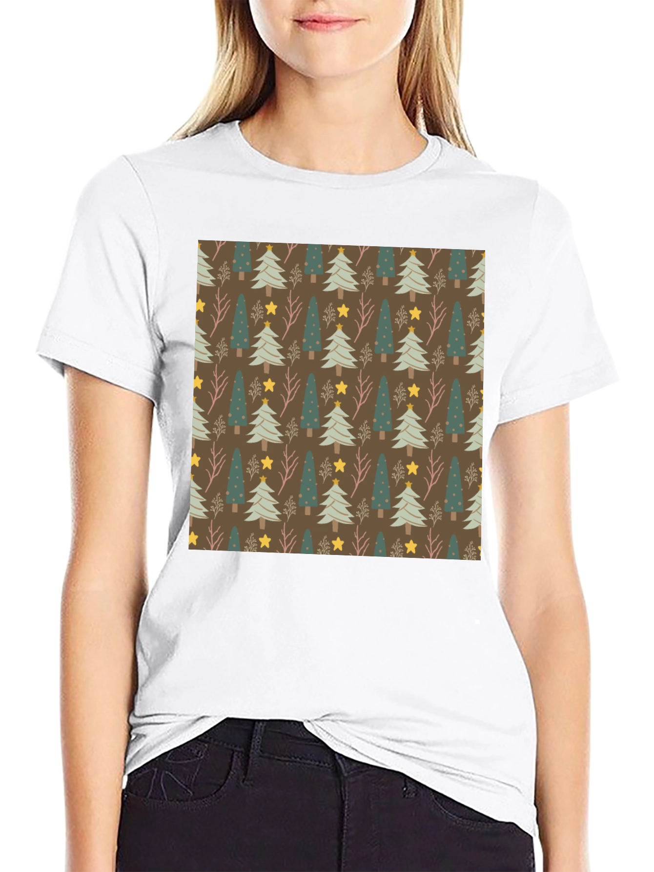 Festive Christmas Tree Pattern Black Tee