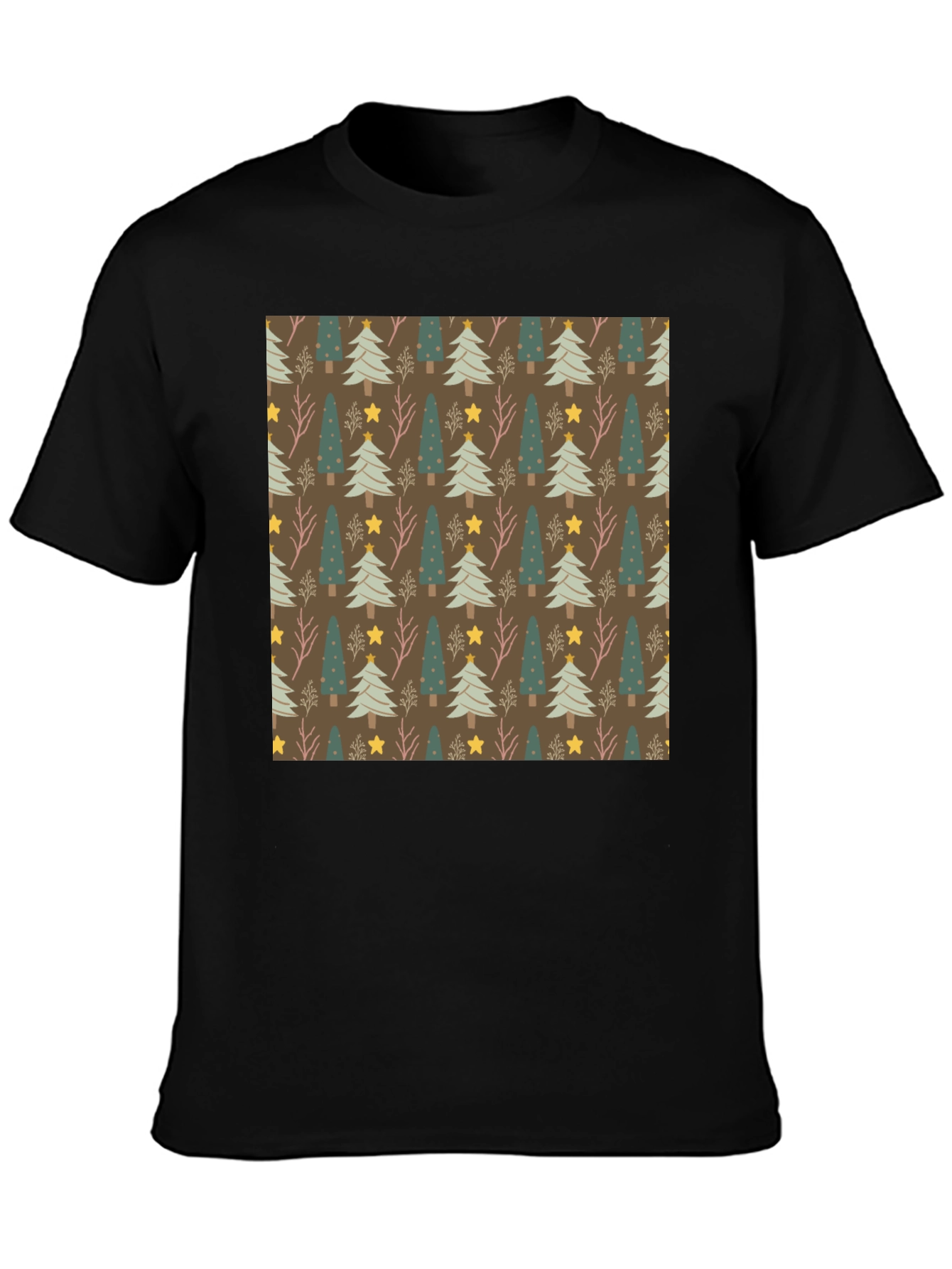 Festive Christmas Tree Pattern Black Tee