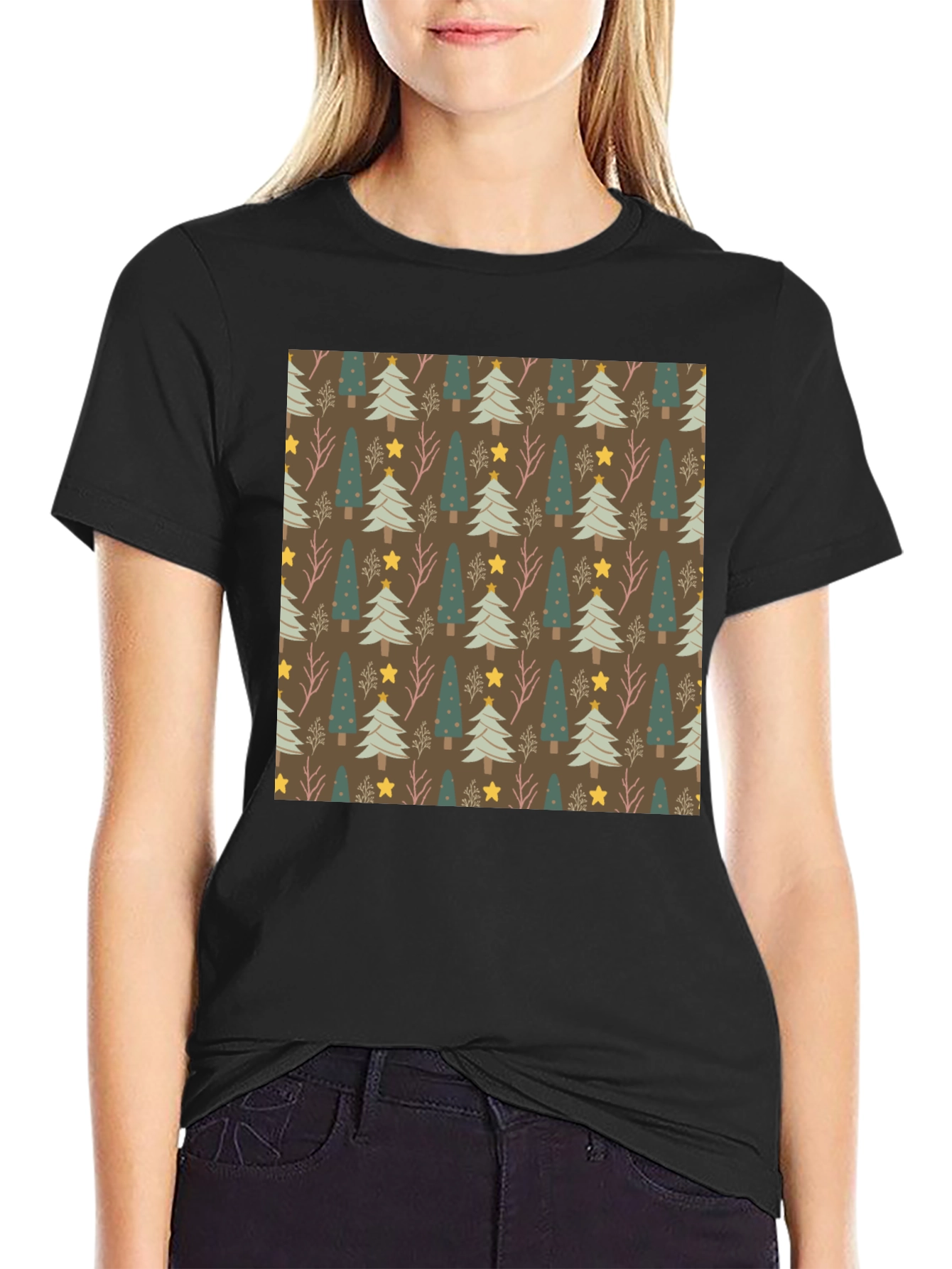 Festive Christmas Tree Pattern Black Tee