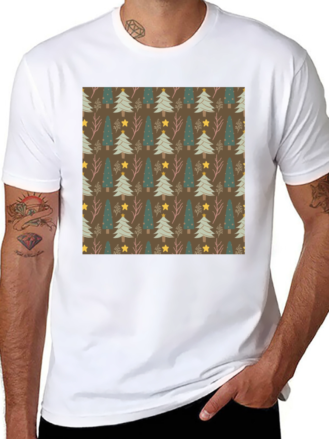 Festive Christmas Tree Pattern Black Tee