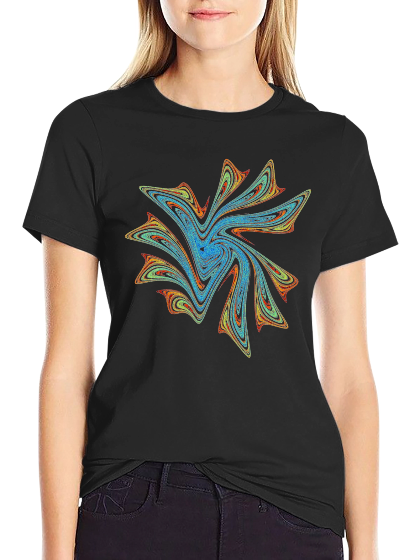 Vibrant Abstract Swirl Graphic Print Black T-Shirt