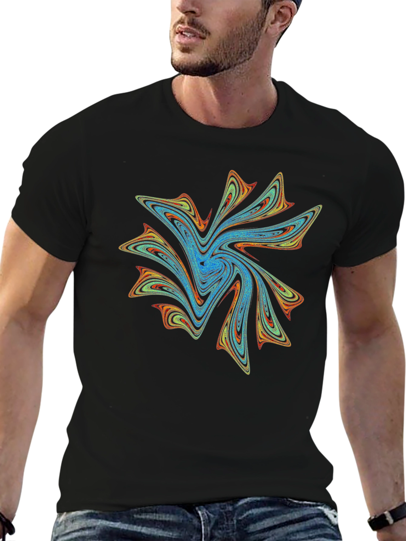 Vibrant Abstract Swirl Graphic Print Black T-Shirt