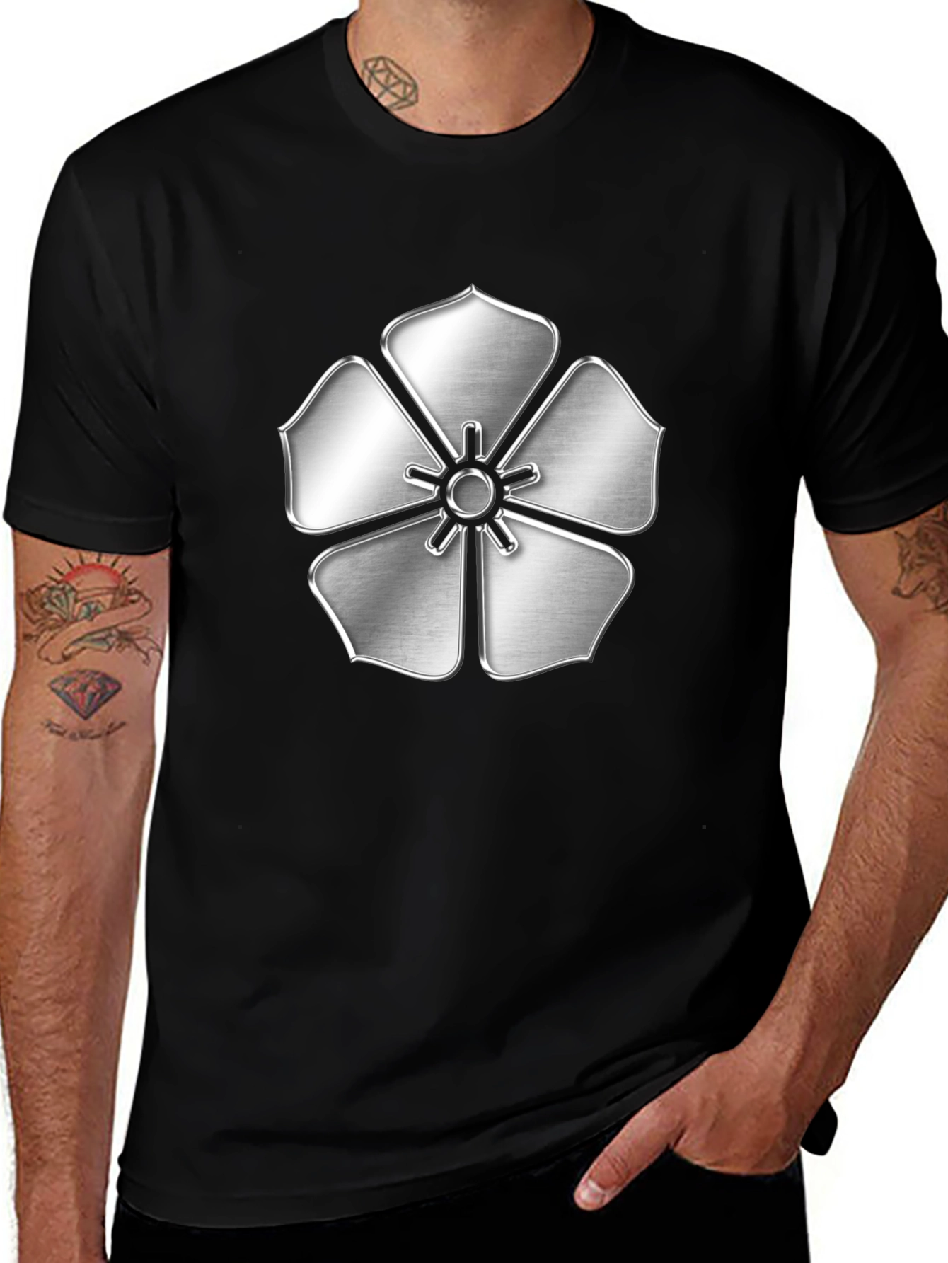 Silver Flower Emblem Black T-Shirt